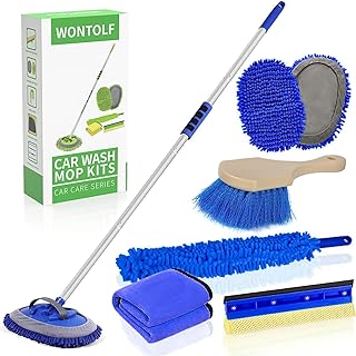 Wontolf 62'' Car Wash Brush With Long Handle - Chenille Microfiber Mop Mitt, Cleaning Kit, Windshield Window Squeegee, Duster, Microfiber Towels, Wheel Tire Brush for Cars, RV, Truck, Boat