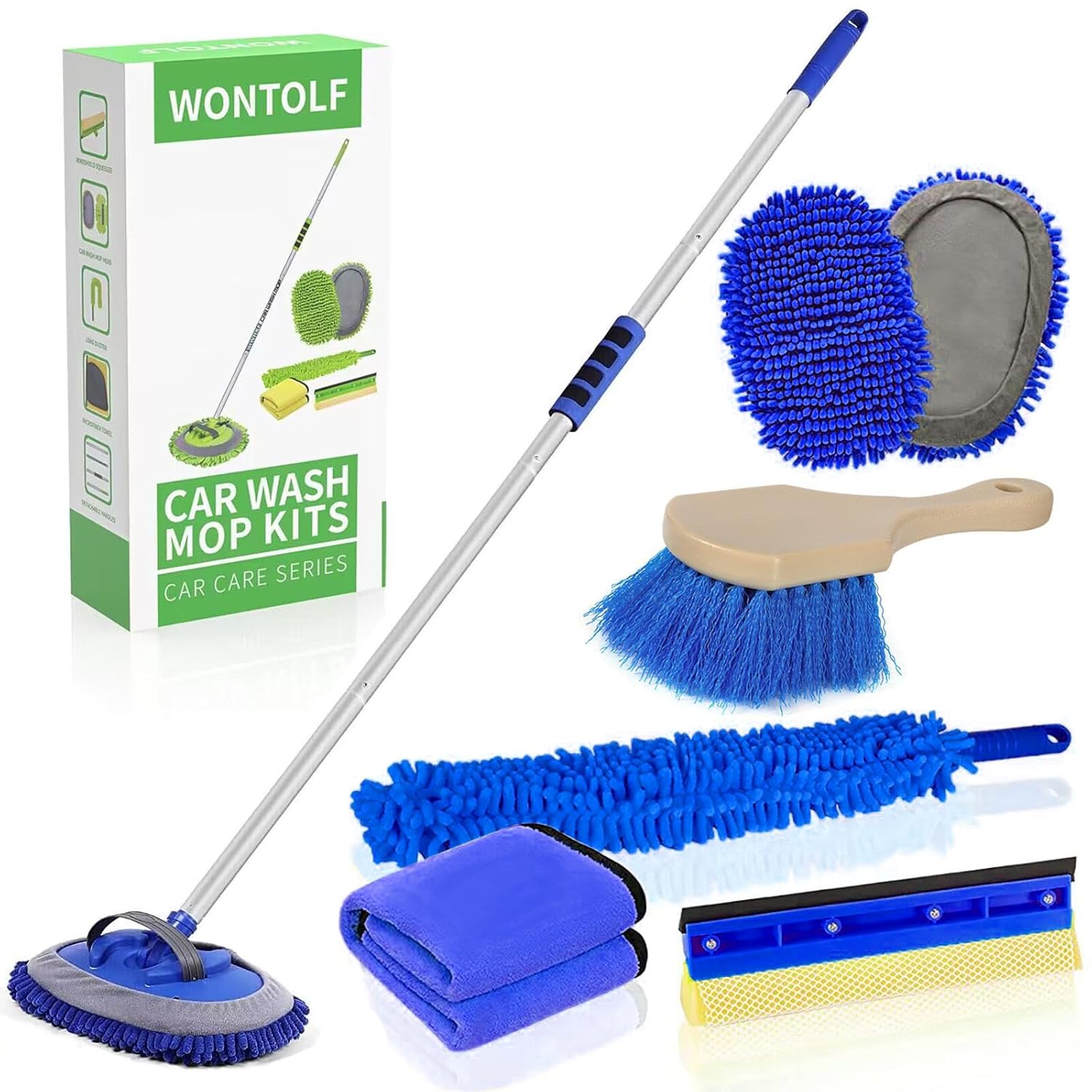 Escova de Lavagem de Carro 62” com Cabo Longo – Mop de Microfibra Chenille, Kit de Limpeza, Rodo para Para-brisa, Pano de Microfibra, Pincel para Rodas e Pneus para Carros, RV, Caminhão e Barco