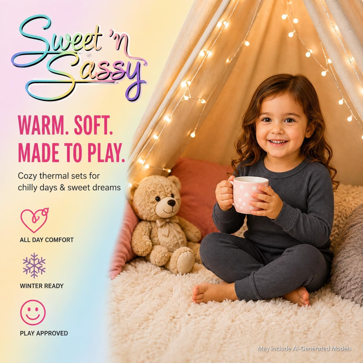 Sweet & Sassy Toddler Baby Girls 4 Piece Thermal Top & Bottoms Set (12M-4T)