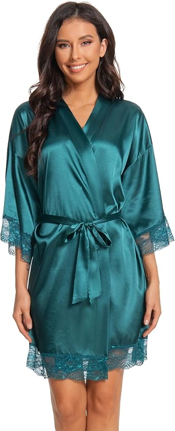 Kihnop Womens Satin Robe Silk Robe Lace Bridal Robes for Bride Bridesmaid Robes Silky Bathrobe Getting Ready Sleepwear
