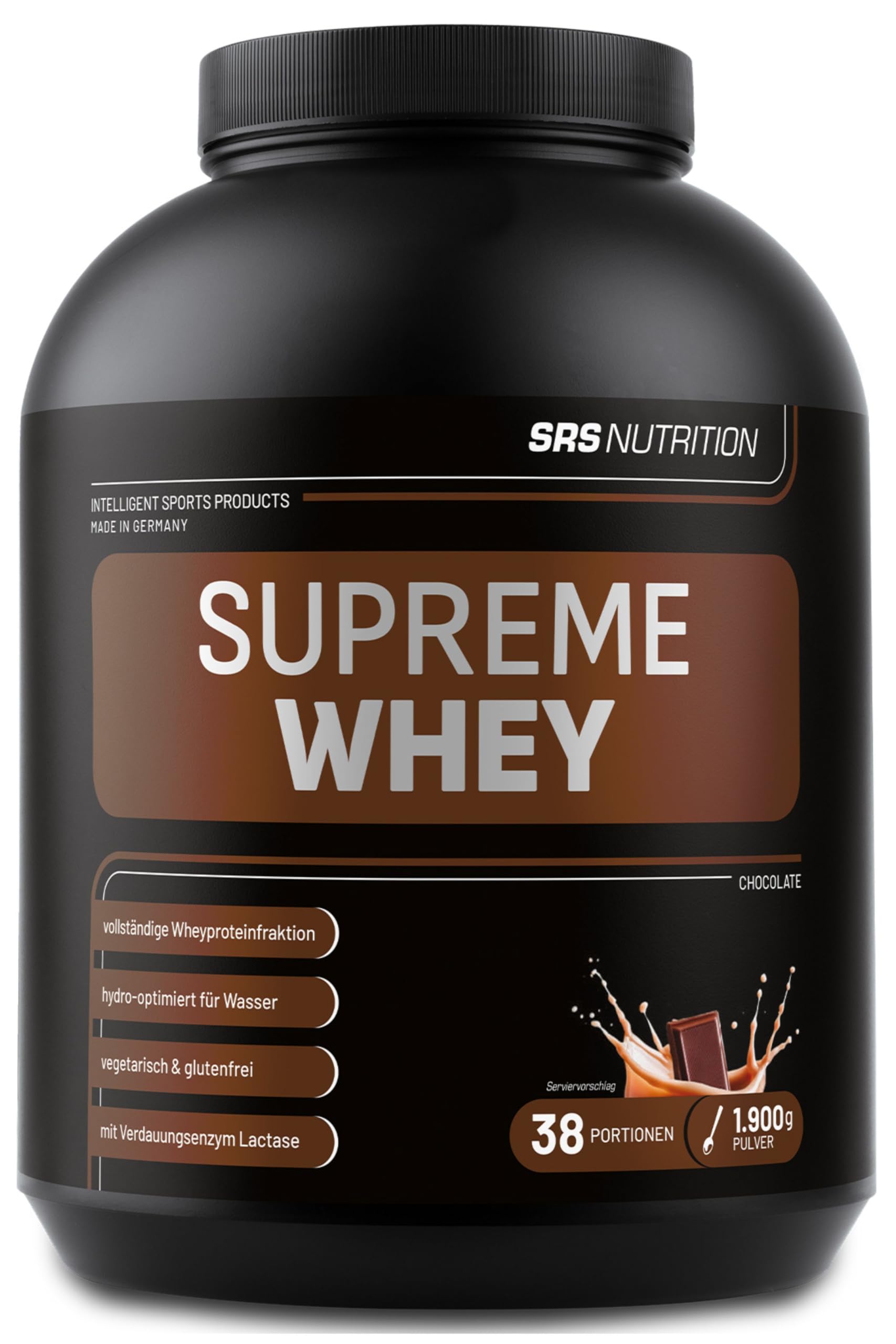 SRS Muscle - Supreme Whey XXL, 1.900 g, Schoko | Hydro-optimized Whey Protein | mit Enzym Laktase und Pro-B Vitaminen | aspartamfrei | deutsche Premiumqualität