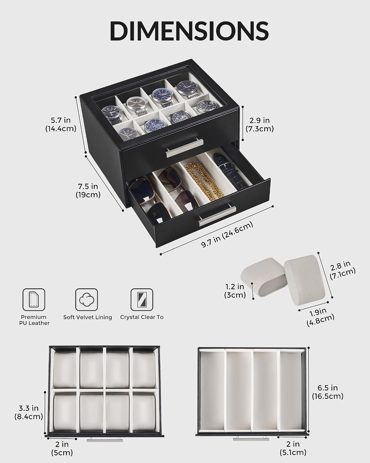 ProCase 8-Slot Watch Case for Men, 2-Tier Pull-Out Drawers Sunglasses Box