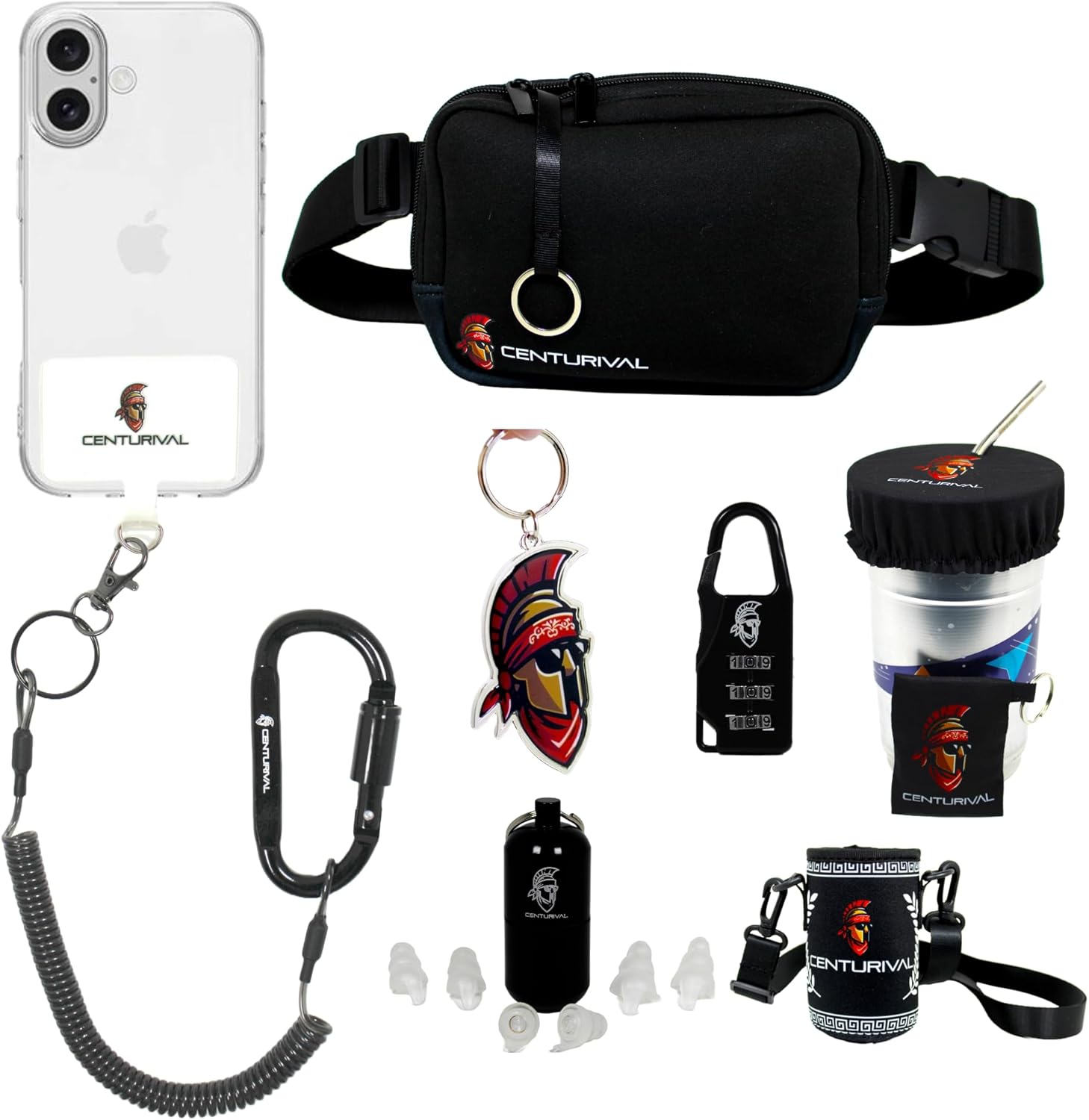 Ultimate Festival Safety Bundle Black – Anti-Theft Phone Strap, Mini Lock, Fanny Pack with Phone Leash, Drink Cover, Can Cooler, Bottle Opener, High-Fidelity Earplugs – Secure at Concerts and Events