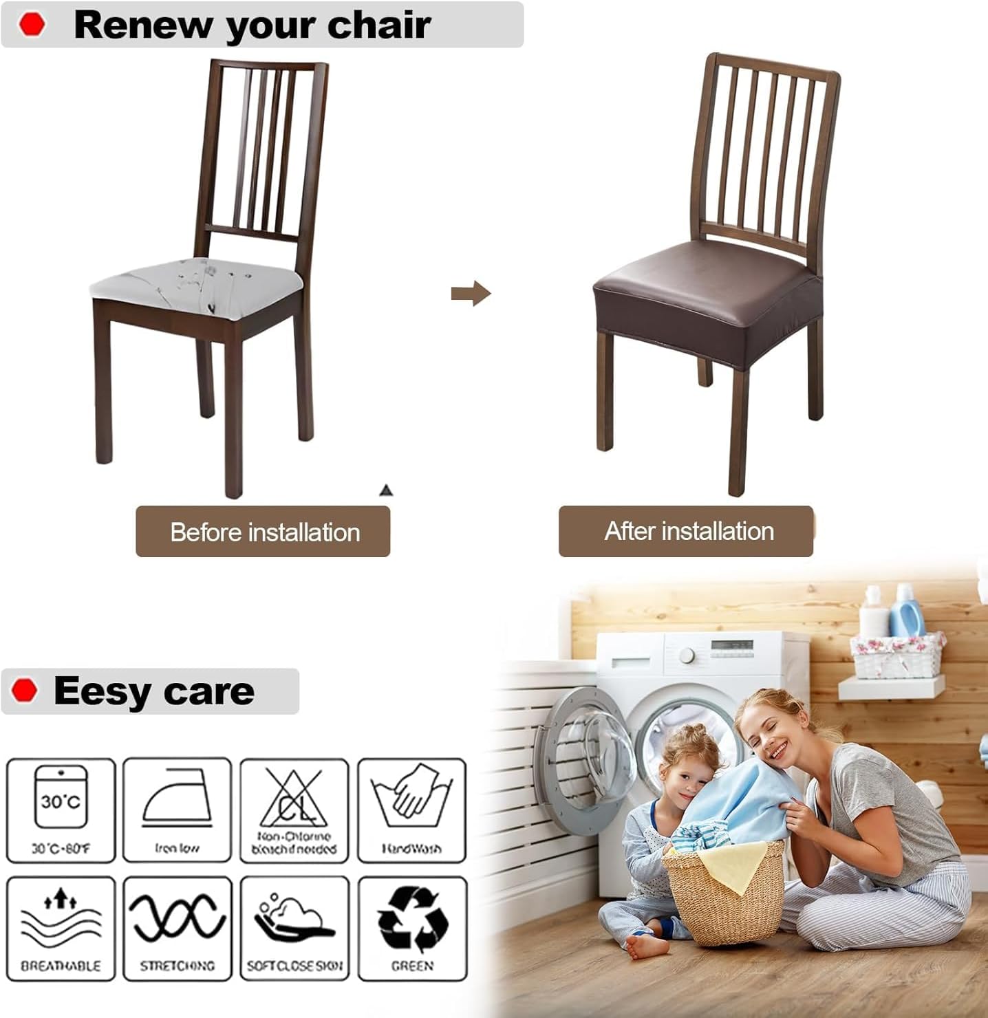 FUANGUI Dining Chair Covers Set of 4, Waterproof PU Leather Stretch Chair Seat Slipcovers Soft Removable Washable Chair Covers, Kitchen Chair Seat Covers Protectors Dining Room, Pu-Coffce