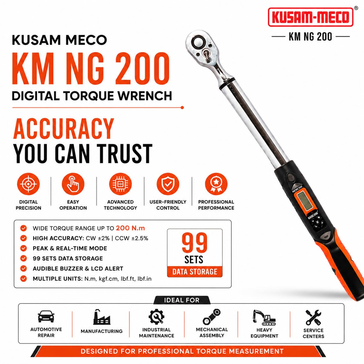 KUSAM-MECO DIGITAL TORQUE WRENCH KM NG 200 |User-Friendly Control | Advanced Technology | Easy Operations | 1 Year Warranty 1