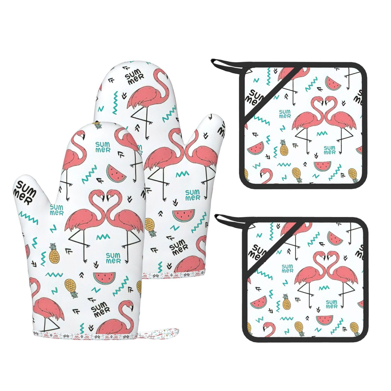 Pink Flamingo. Printed Oven Gloves and Hot Pads Set of 4, High Heat Resistant Silicone Mitts for Cooking BBQ