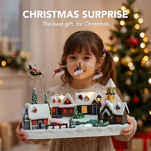 Miniatura 5 de Aldea de Navidad, decoraciones de Navidad animadas con trineo de Santa volando sobre la ciudad, centro de mesa musical de Navidad con luces LED