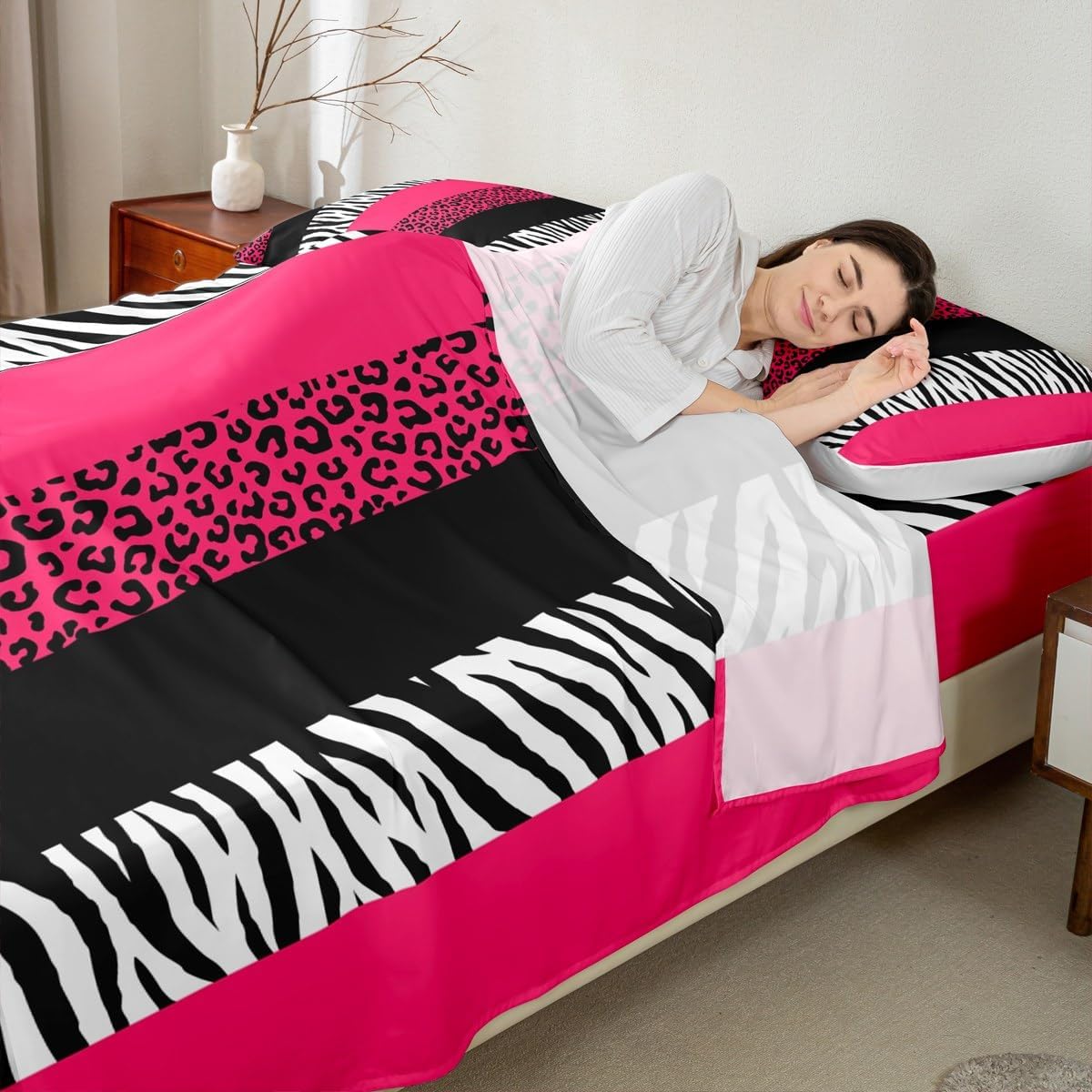 Leopard Print Kids Sheet King Size,Zebra Abstract Animals Skin Texture Bedding Set,Girls Boys Adults Room Decor,Geometric Stripes Pink Romantic Bed Sheet Set 4pcs(Fitted + Flat + 2 Pillowcases)