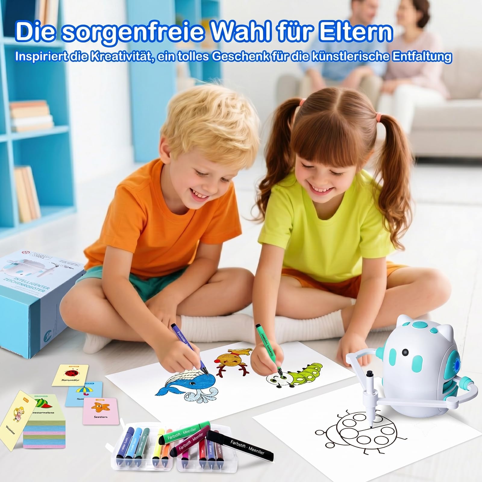 Zeichenroboter für Kinder 150 Lernkarten mit Sprachführung Montessori Malzeug Jungen & Mädchen 3-8 Jahre Geschenk Geburtstag Weihnachten (Englische Version)