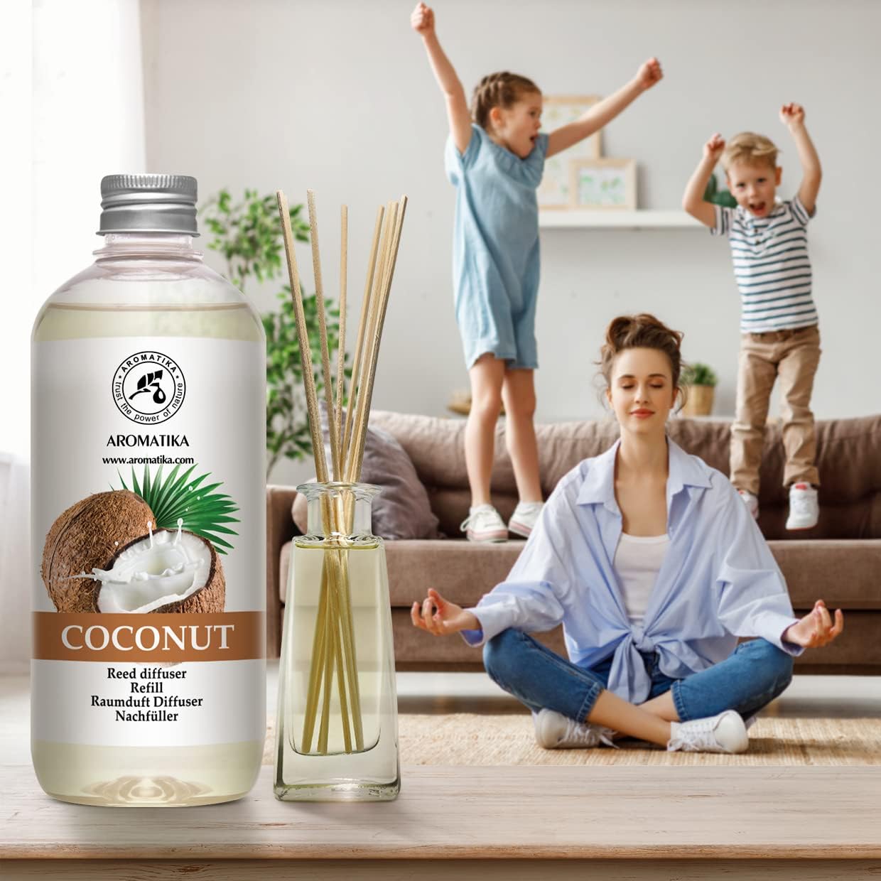 Lemongrass Reed Diffuser Refill & Reed Diffuser Refill Coconut - 2 x 17 Fl Oz - Fresh & Long Lasting Fragrance - Reed Diffuser Oil Refill for Aromatherapy - Home - Office - Restaurant