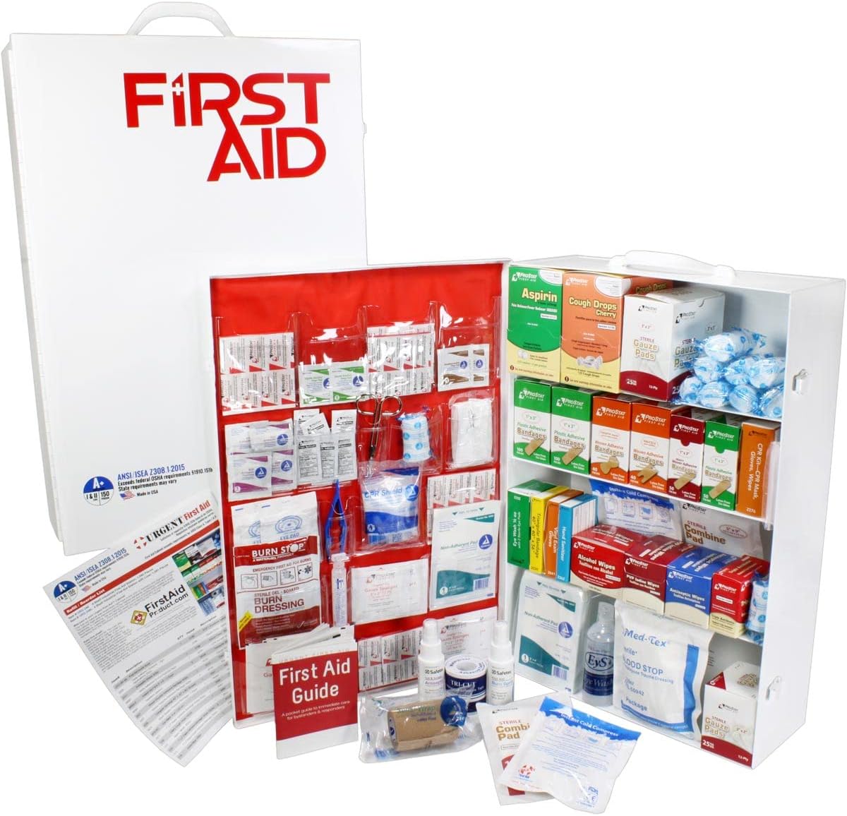 OSHA & ANSI 4 Shelf Industrial First Aid Cabinet with Pocket Liner, 150 Person, 1091 Pieces, Class A+, Types I & II, Made in USA by Urgent First Aid® with Extra Content & New ANSI First Aid Guide