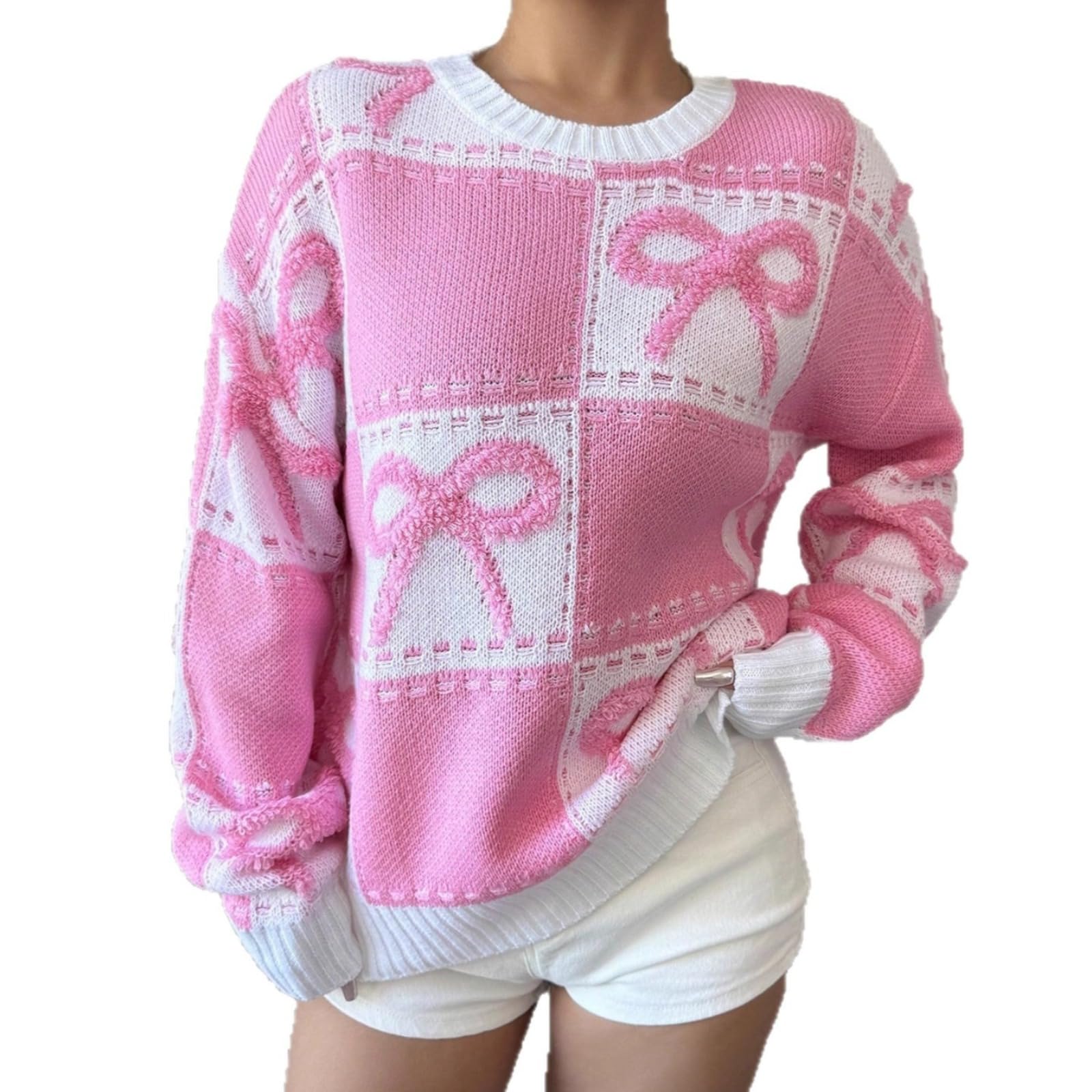 Monkay Pink Bow Sweaters for Women Cute Checkered Fall Sweater Knit Pullover Long Sleeve Crewneck Winter Tops Casual
