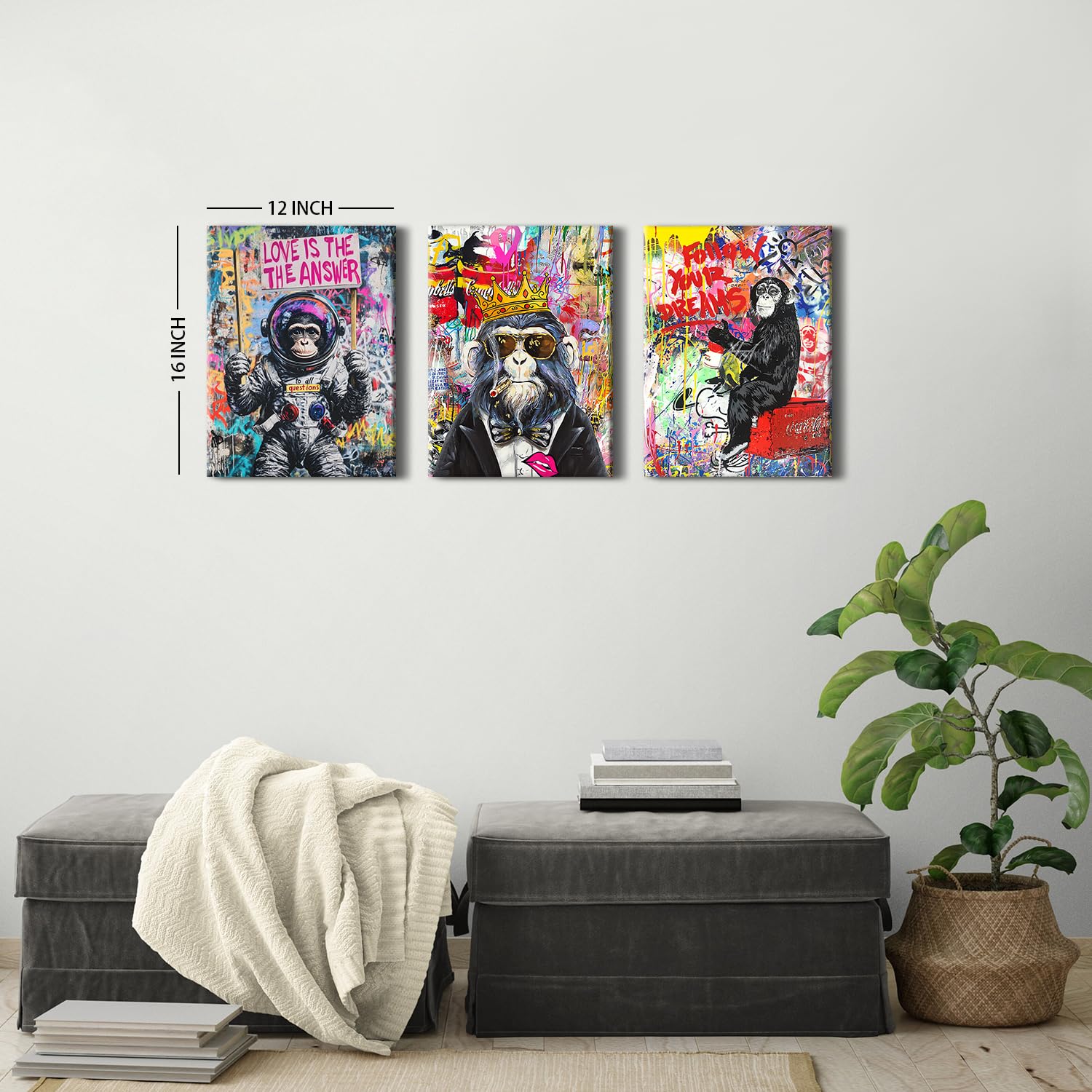 Set of 3 Banksy Canvas Wall Art for Living Room Graffiti Street Pop Art Wall Decor Abstract Gorilla Posters Aesthetic Room Decor Funny Animal Paintings Modern Artwork Bedroom Home Decorations 12x16" - Image 3