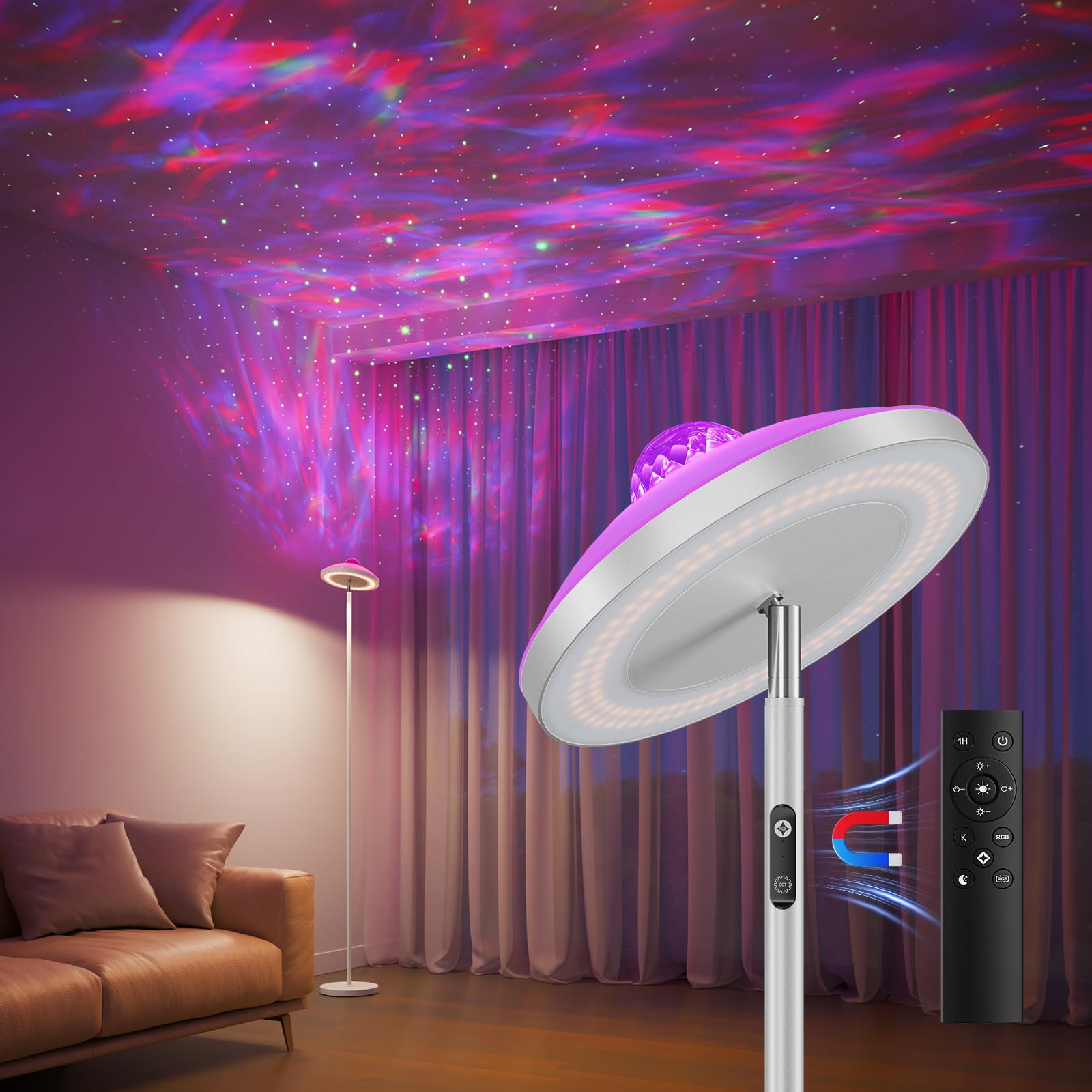 DUSKTEC Deckenfluter Stehlampe RGB mit Fernbedienung, Sternenhimmel Projektor, LED Stehleuchte Dimmbar mit Leselamp Timer, Warm- & Kaltweiß, Floor Lamp Schwarz für Schlafzimmer Wohnzimmer