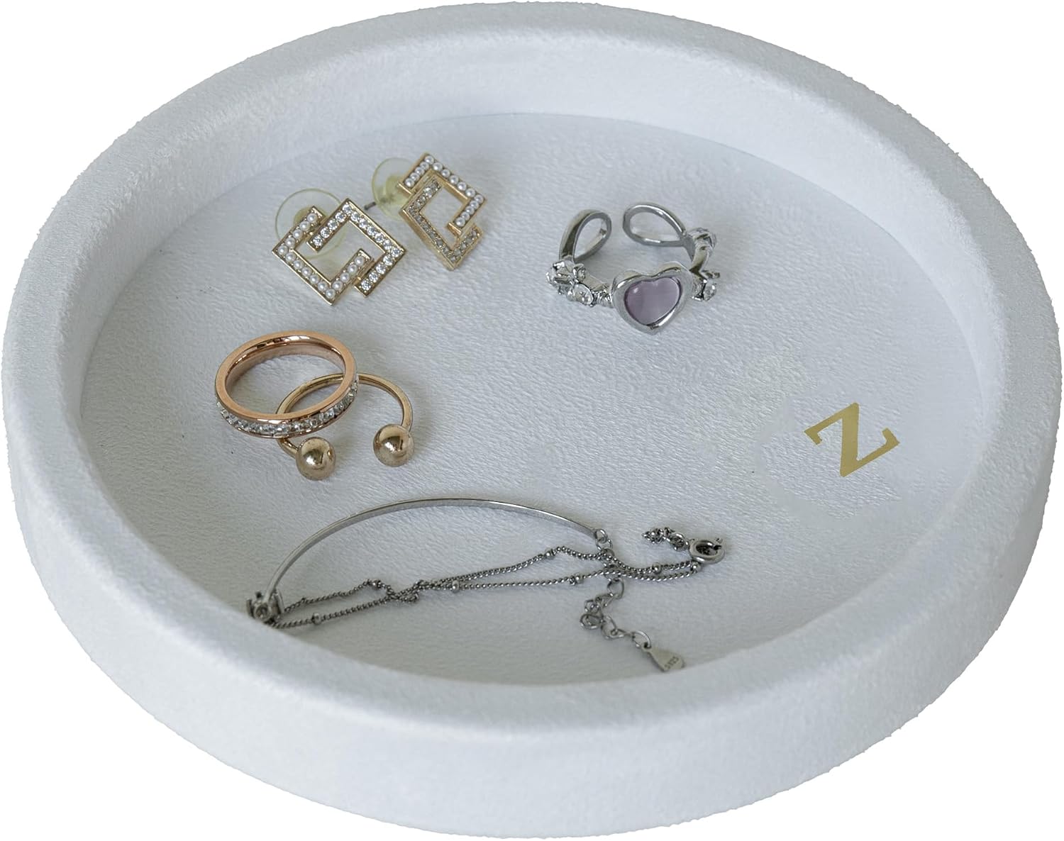 COLLECTIVE HOME - Velvet Jewelry Tray, 6" Monogrammed Jewelry Dish, Smooth Velour Display Dish for Rings, Earrings, Necklaces, Makeup, Personalized Gifts for Women (White-j)