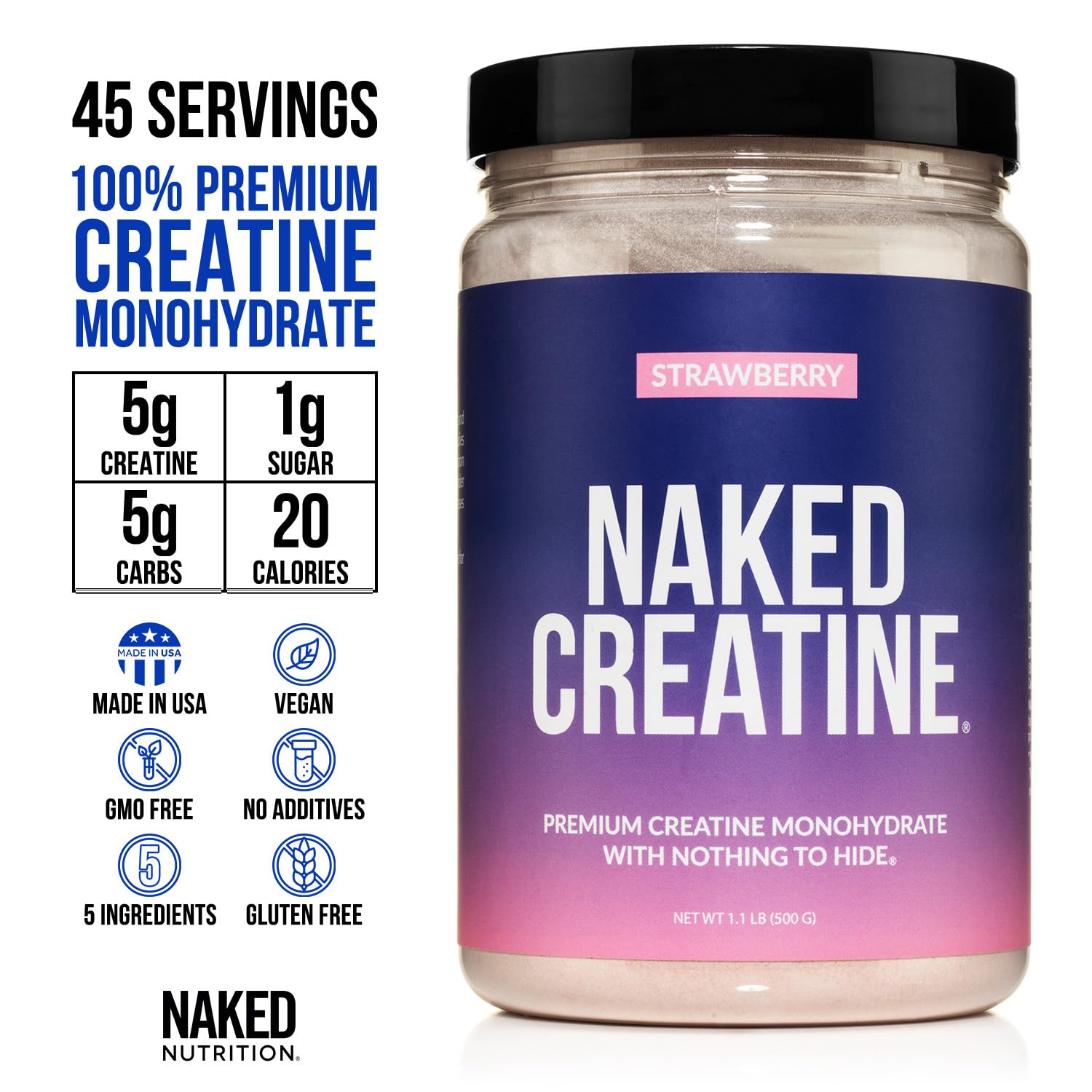 NAKED Pure Micronized Creatine Monohydrate – 200 Servings, 1,000g Bulk – NSF Certified, Vegan, Non-GMO, Gluten & Soy Free - Muscle Building, Strength Training, Gym & Fitness Supplement: Strawberry 45 Servings (Pack of 1)