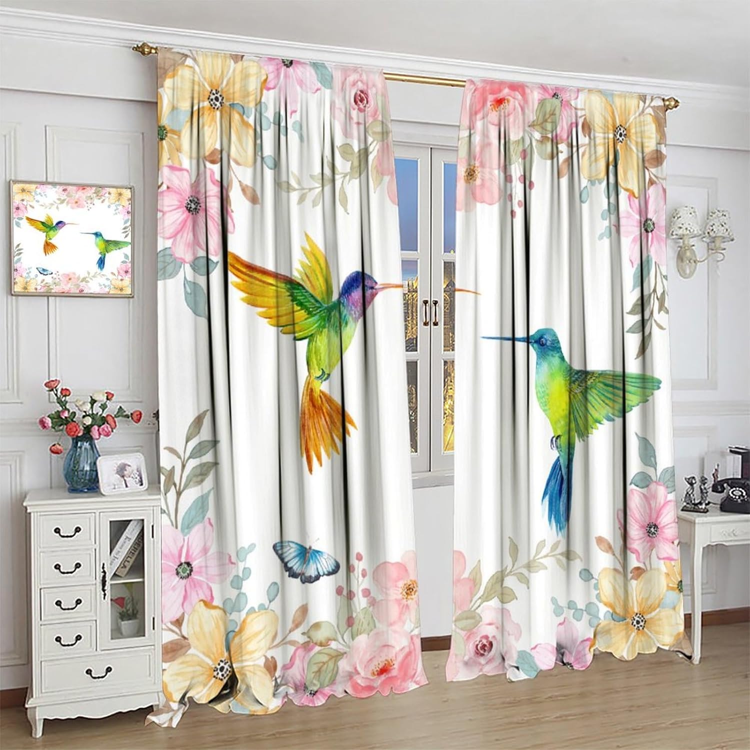Dreamy Floral Hummingbird Curtains，Spring Summer Garden Watercolor Flower Bird Butterfly Blackout Window Treatments，for Boys Girls Living Room Bedroom Kitchen Cafe Farmhouse 42" W X 45" L