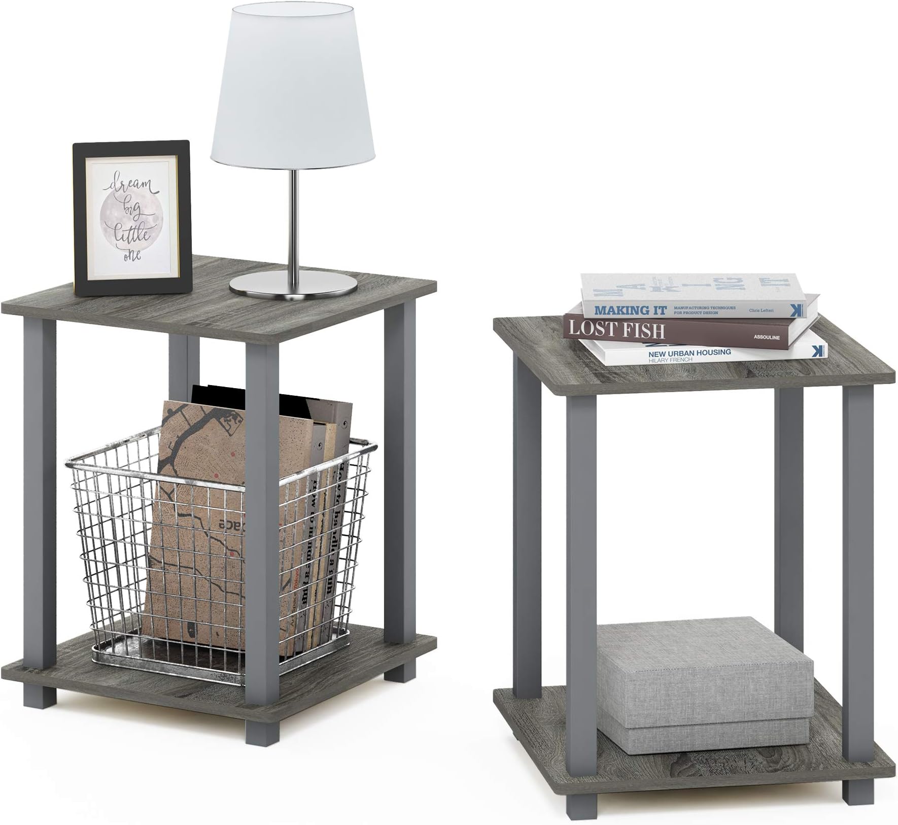 Furinno SIMPLISTIC Side Table Set of 2, 2-Tier End Table, Nightstand, Night Stand, Bedside Table, Easy Assembly, for Living Room, Bedroom, French Oak