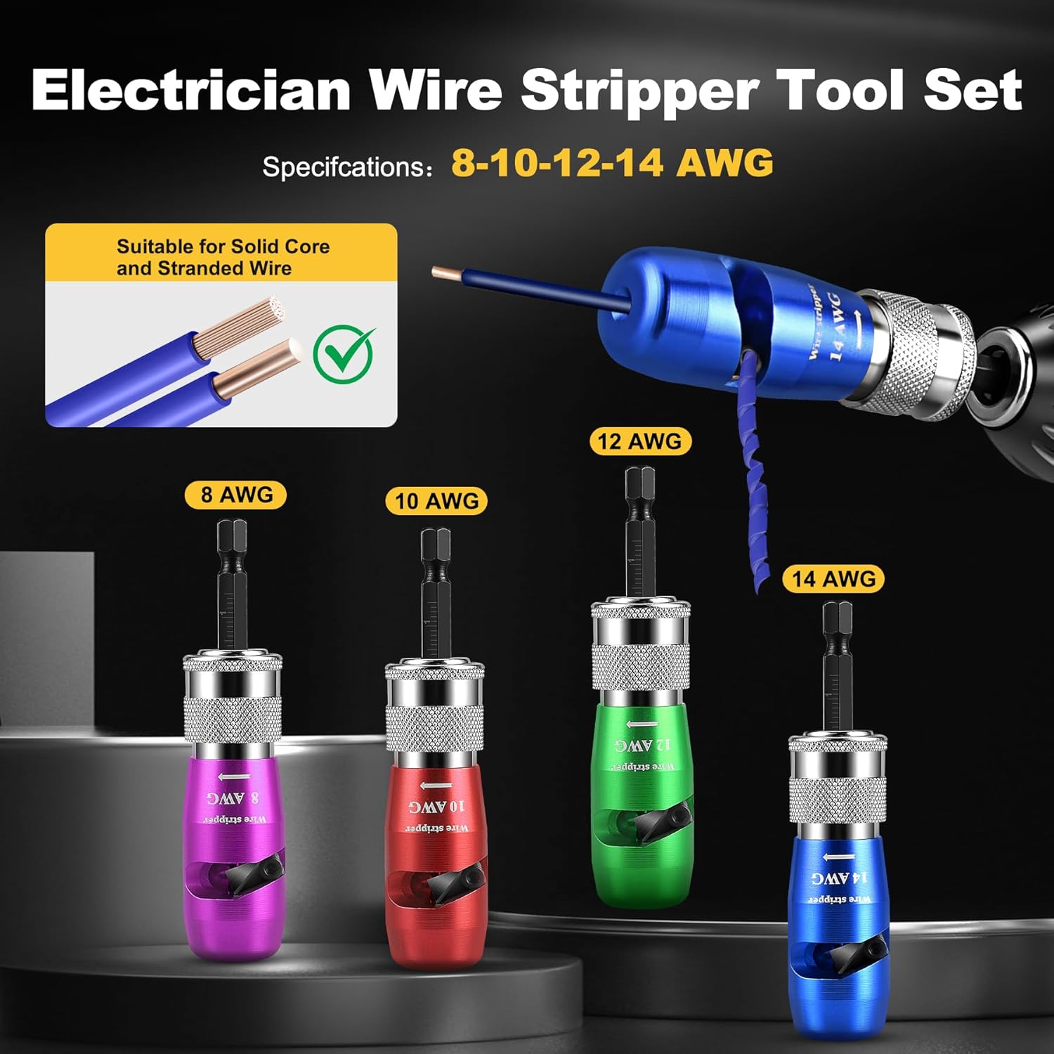 Wire Stripper, Wire Stripper Tool for AWG 14-12-10-8-6 Gauge, Automatic Wire Stripper and Wire Twister Tool for Drill, Cable Quick Stripping and 25PCS Wire Connectors Nuts, Electrician Tools