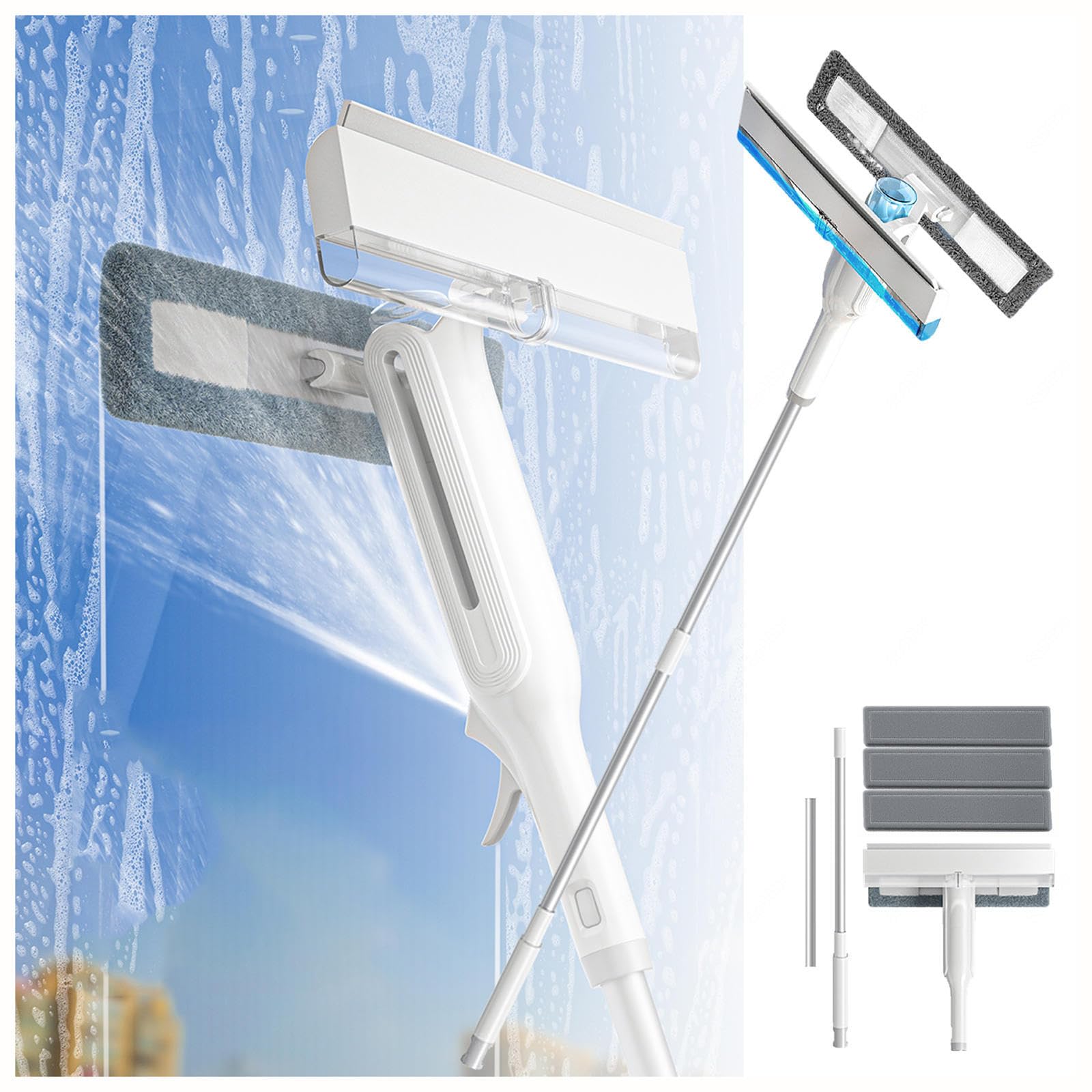 4 en 1 Spray Limpiacristales Coche con Colector De Aguas Residuales Y 3 Paños Microfibra, Limpiacristales Coche con Varilla De Extensión para Baños,Ventanas,Espejos