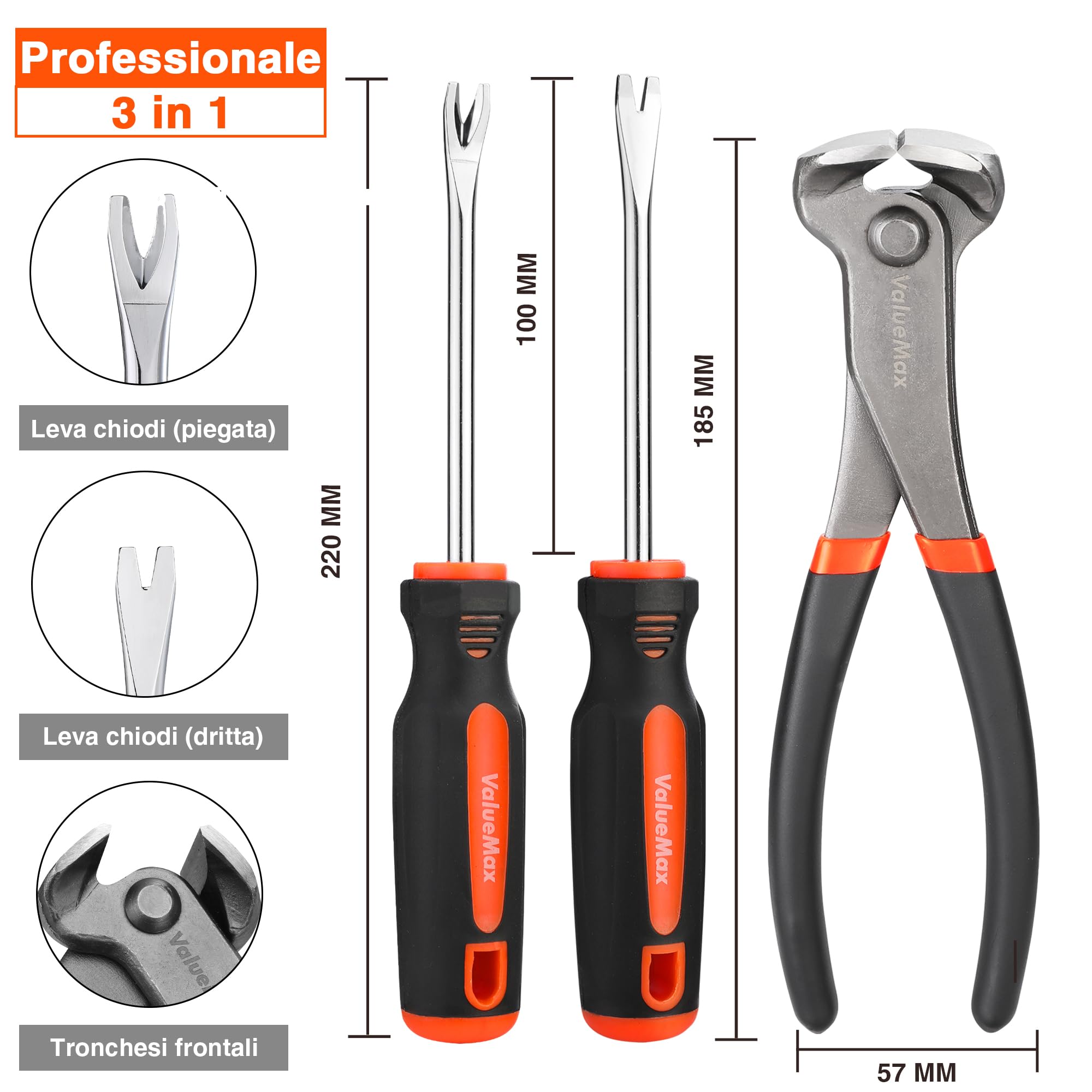 ValueMax Set di Strumenti per Rimuovere Graffette, 3 Pezzi, Estrattore Per Chiodi da 185 mm, Pinza per Chiodi a U e V da 200 mm, Strumento per Estrattore di Chiodi per Mobili di Pneumatici in Legno