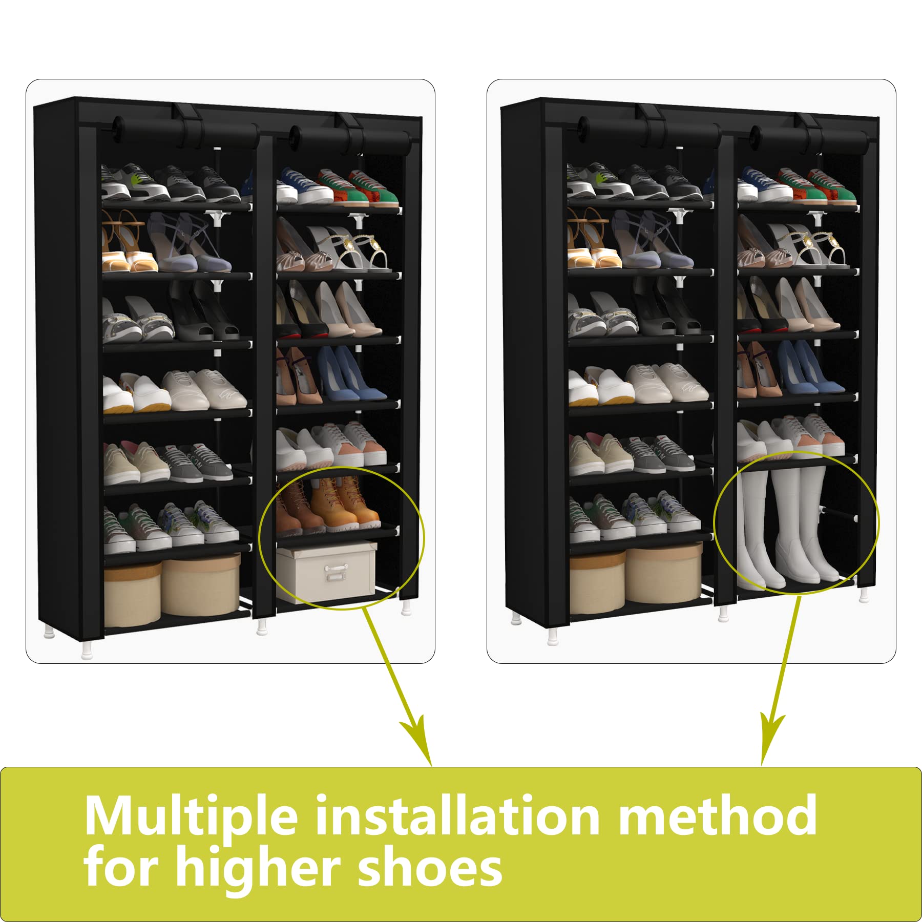 JIUYOTREE 7-Tier Shoe Rack with Dustproof Cover Shoe Storage Organizer Closet Shoe Cabinet Shelf Hold up to 28 Pairs of Shoes for Doorway Corridor Balcony Living Room Black