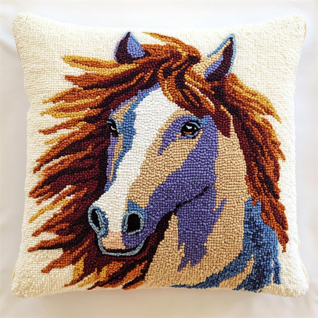 Kitquiver Animal DIY Latch Hook Kit Horse DIY Latch Hook Kits Pillow Printed Cushion Crochet Yarn 3D Embroidery Set Pillowcase Rug Home Decor 17x17In