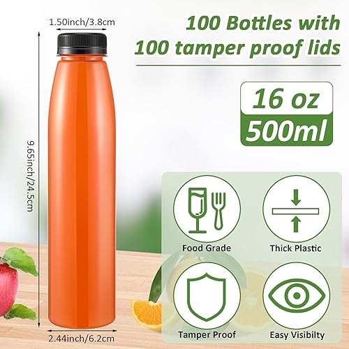 Miniatura 2 de Tanlade 100 botellas de plástico para jugos con tapas, contenedor de bebidas para refrigerador con tapa, botellas transparentes reutilizables para