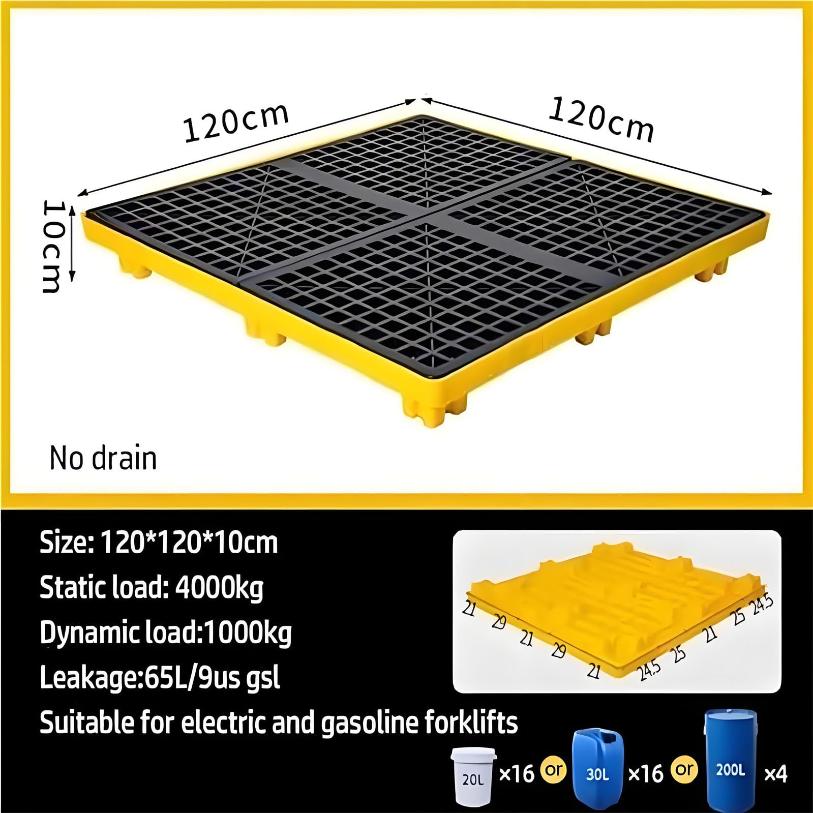 Plateau modulaire de confinement des déversements avec sortie de vidange et poches de chariot élévateur, design empilable et étanche pour le stockage industriel d'huile et de produits chimiques
