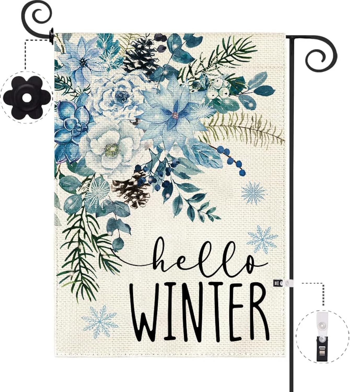 Baccessor Hello Winter Blue Flower Garden Flag 12.5 x 18 Inch Double Sided Burlap Winter Blue Flower Snowflake Pinecone Christmas Small Yard Flag Holiday Seasonal Outdoor Outside Decoration