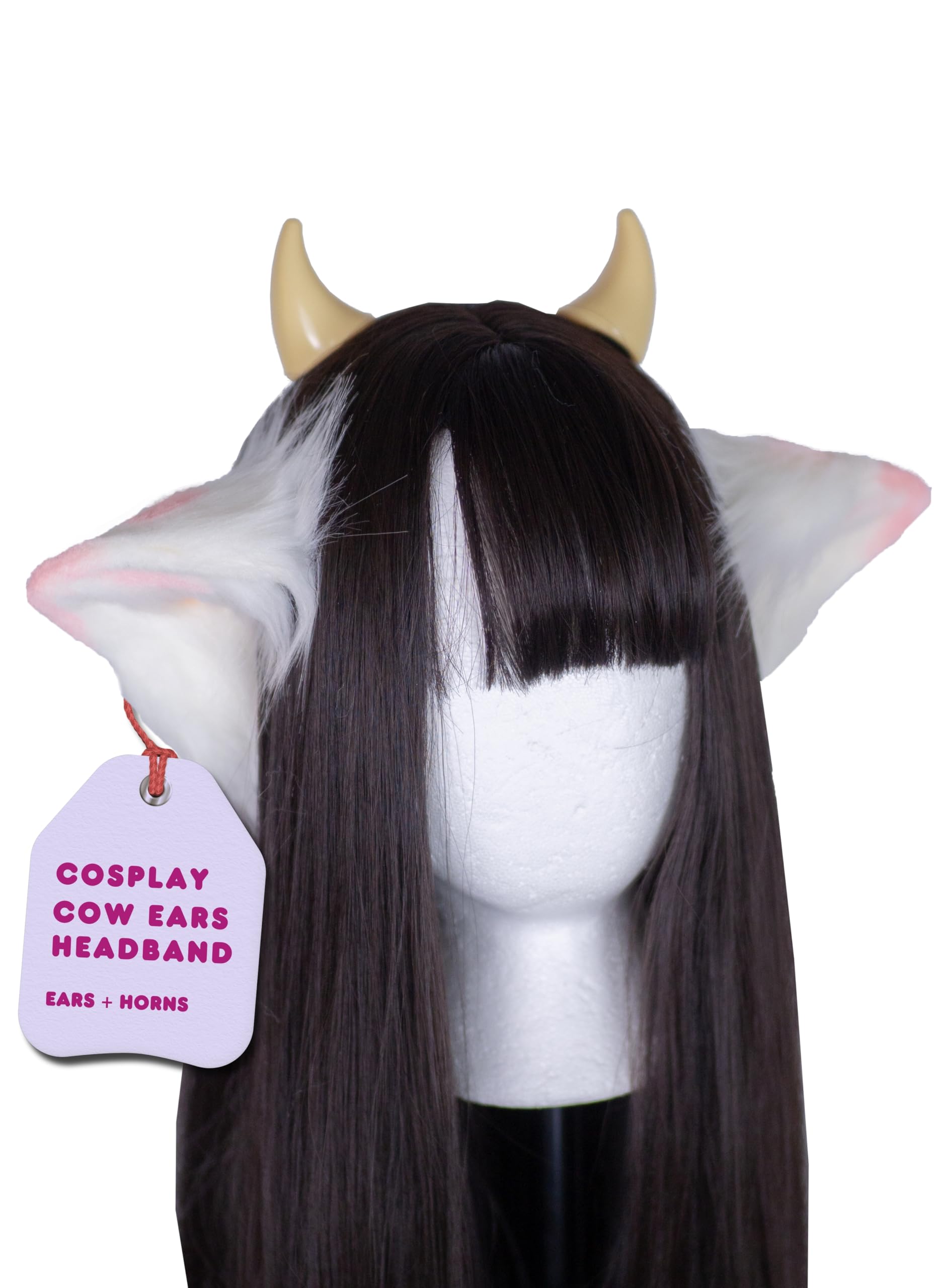MOEFLAVOR Anime Plush Cow Ears Fur Headband with Devil Horns | Matches Any Kawaii Lingerie Costume for Sexy Cosplay: Pink