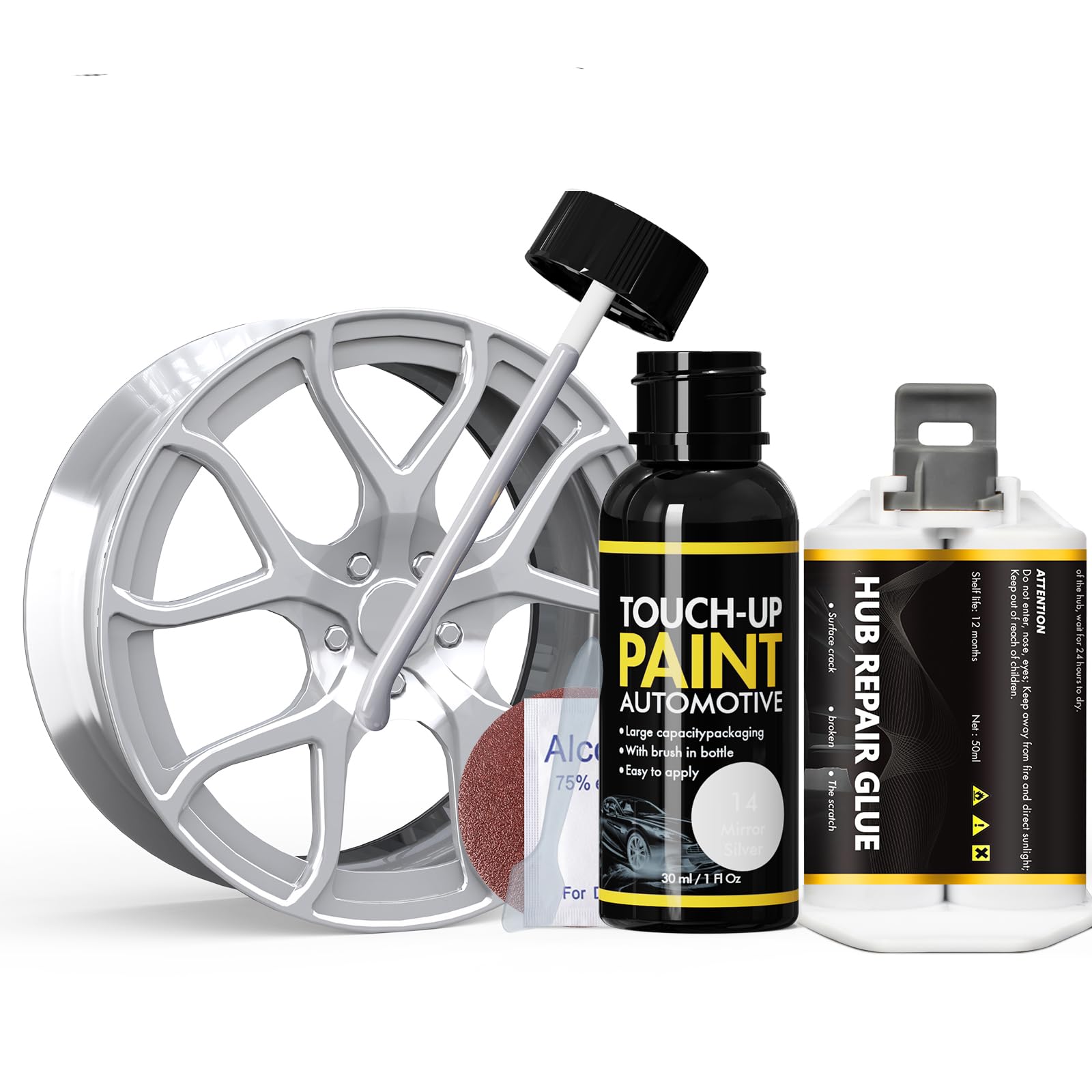 Mirror Silver Rim Touch Up Paint, Rim Repair Kit Curb Rash, Wheel Touch Up Paint for Quickly Fix Rim Scratches, Chips and Surface Damage