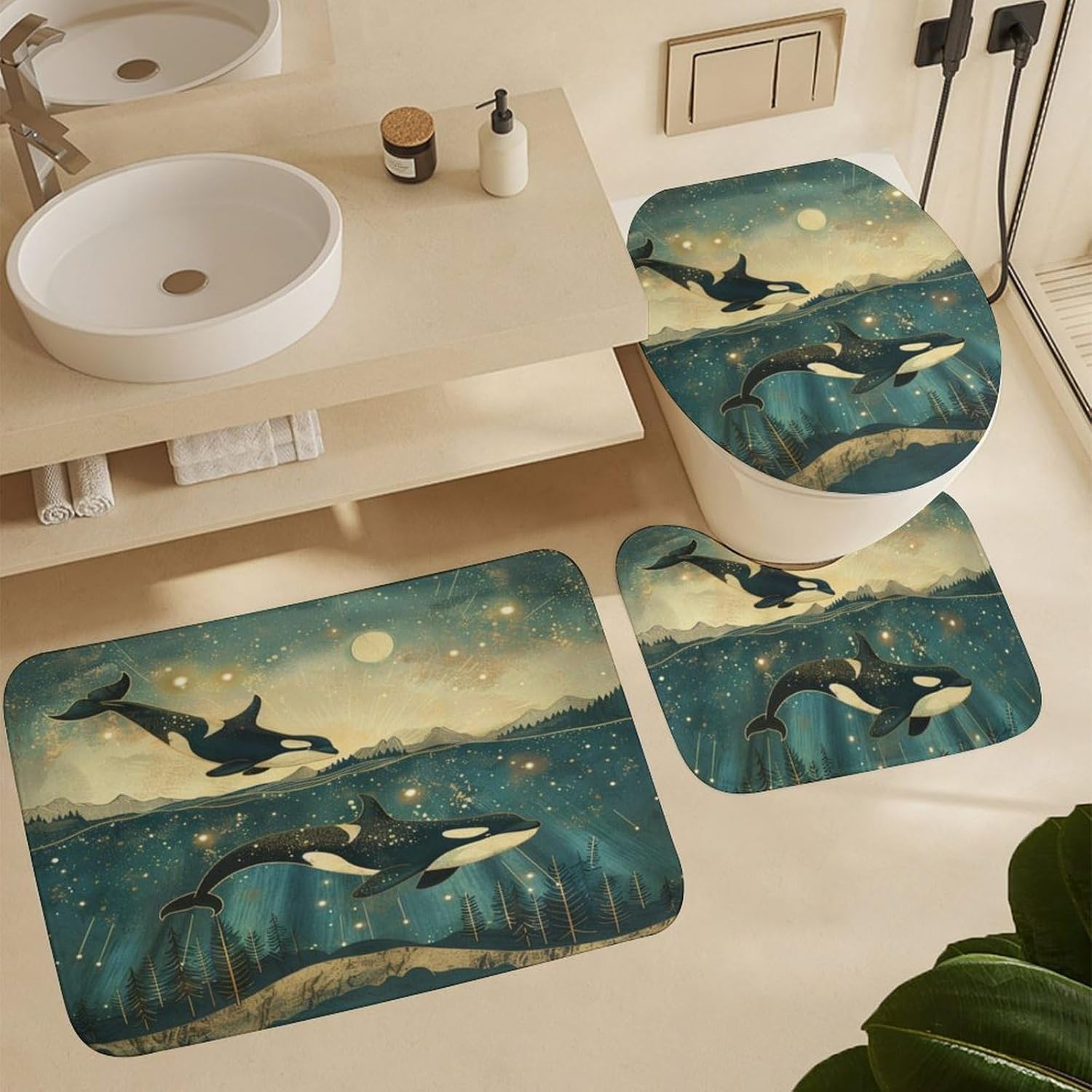 4Pcs Underwater Orcas Whale Shower Curtain, Starry Sky Star Moon Shower Curtain Sets with Toilet Lid Cover, U-Shaped Mat and Non-Slip Rugs, Bathroom Decor Set, 72" x 72"