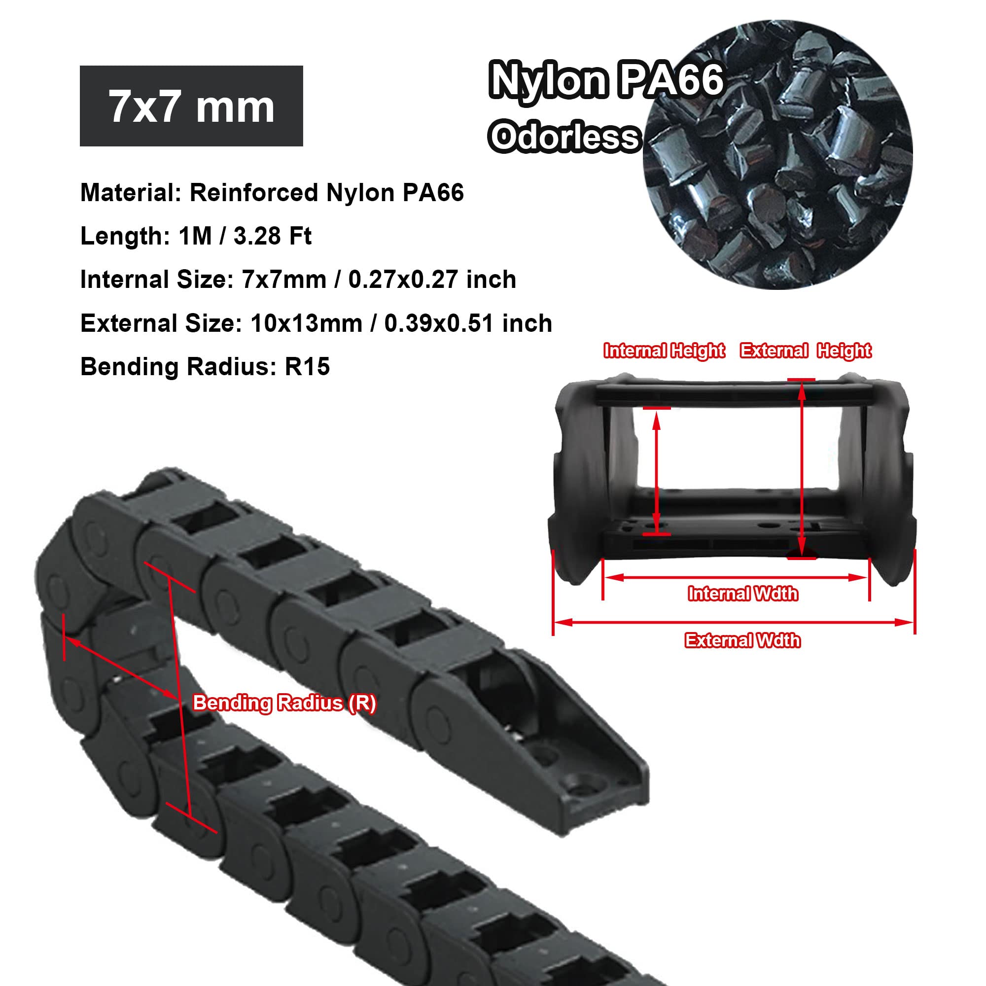 1M Black Nylon Cable Drag Chain 7x7mm Inner R15 Bridge Type Wire Carrier Protection For 3D Printer CNC Router Mill - Non-Openable