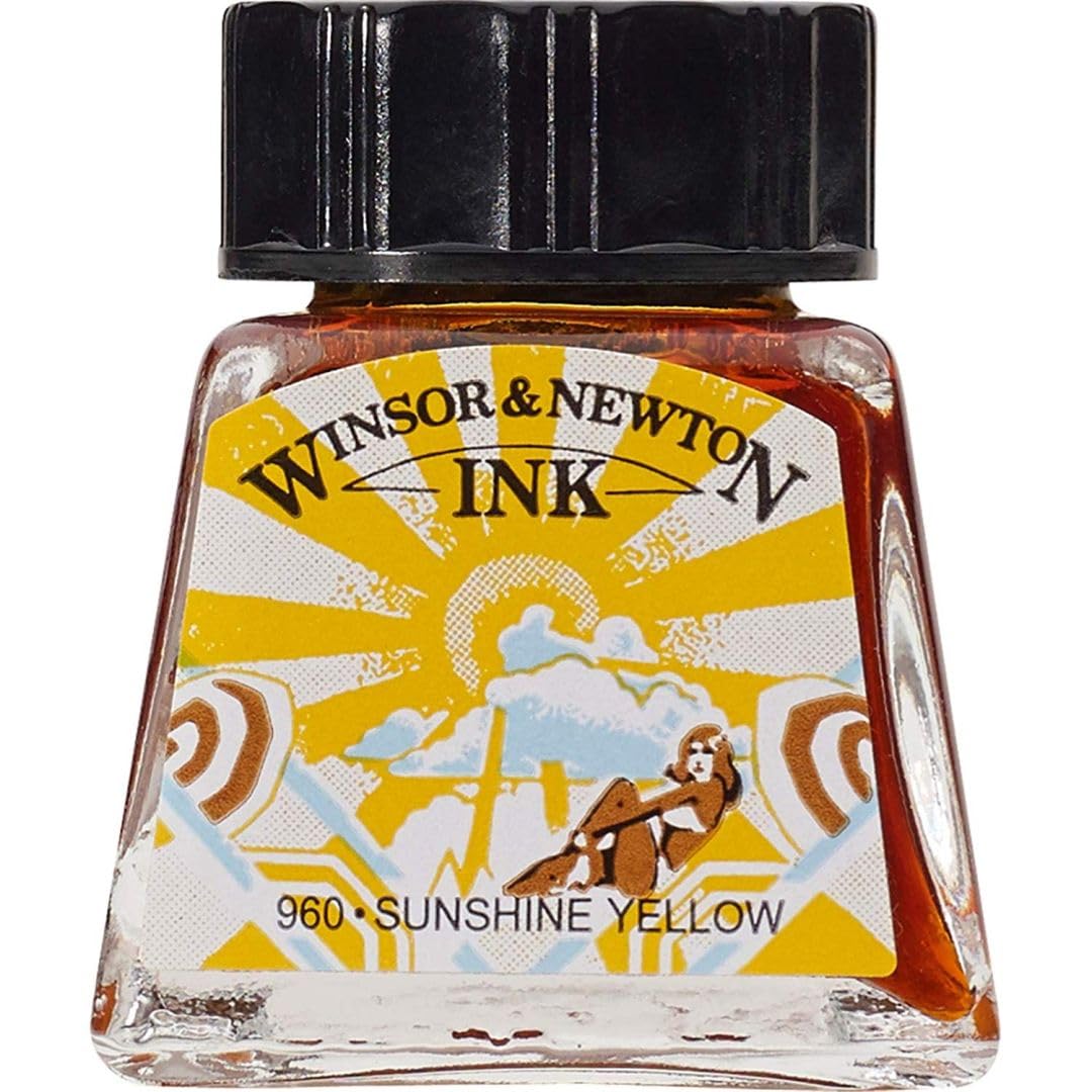 Winsor & Newton 14ml Sunshine Yellow (633) Quick Drying Clear Water Resistant Blendable Drawing Ink Ideal for Brushes, Dip Pens or Airbrushes. Other Colours Available