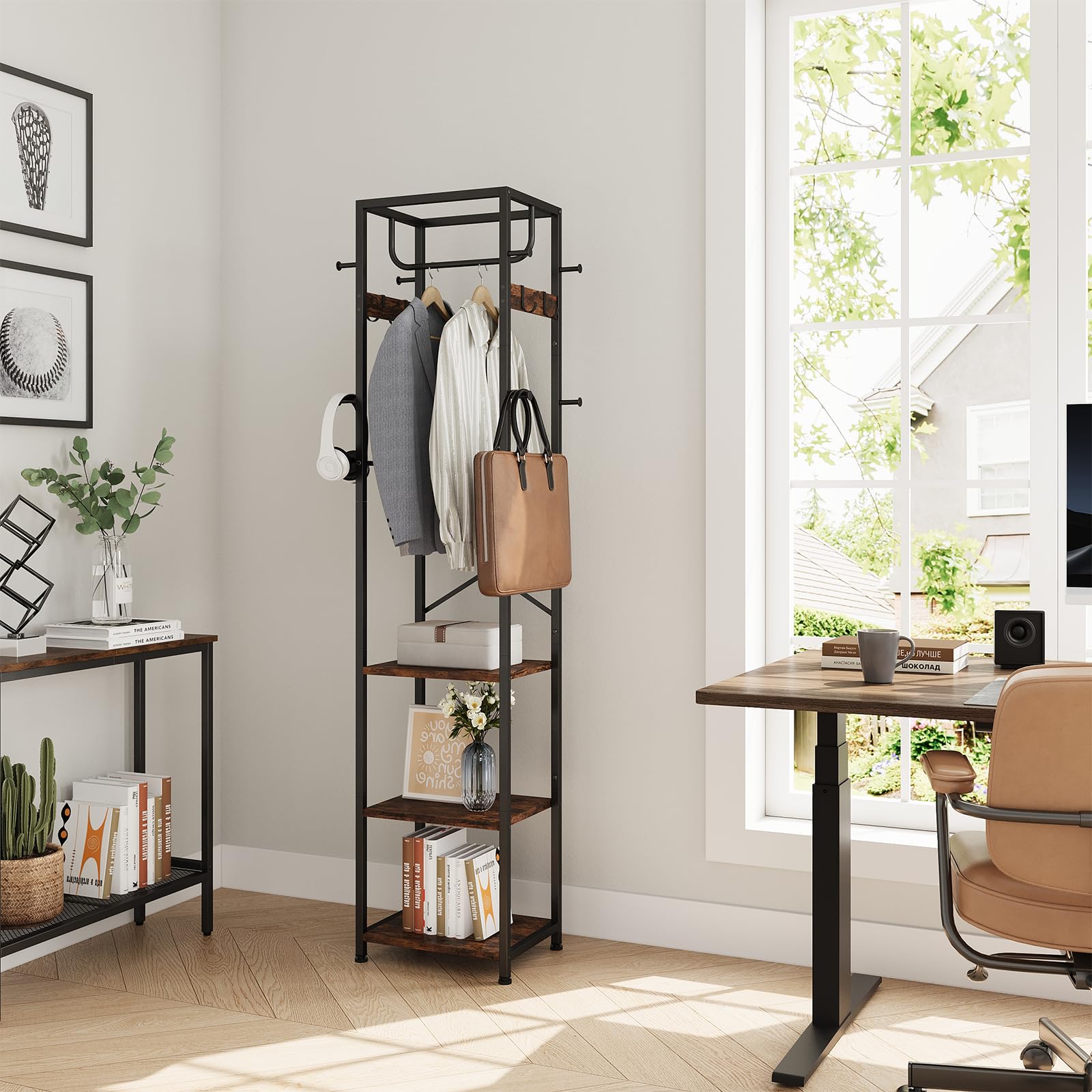 ELYKEN Vestiaire d'Entrée 40x30x180cm, Porte-Manteau Industriel | avec 3 Étagères Bois d'Ingénierie, Portant à Vêtements Gain de Place avec 12 Crochets pour Couloir Chambre, Marron Rustique