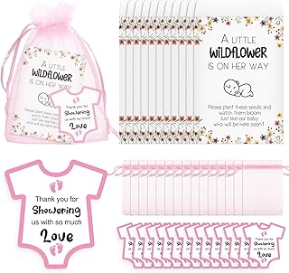 100 Sets Baby Shower Favors Gift Baby in Bloom Baby Shower 100 Wildflower Kraft Seed Packets 100 Baby Shower Favor Tags 100 Organza Bag Self Adhesive Seed Envelopes, No Seeds (Pink)