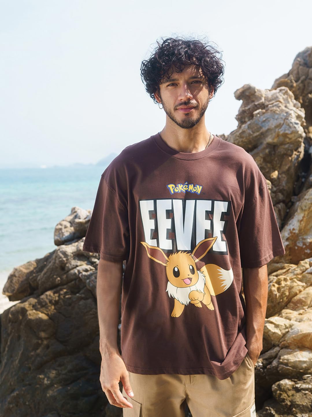 BONKERS CORNER Men's Cotton Brown Eevee Oversized T-Shirt | XS