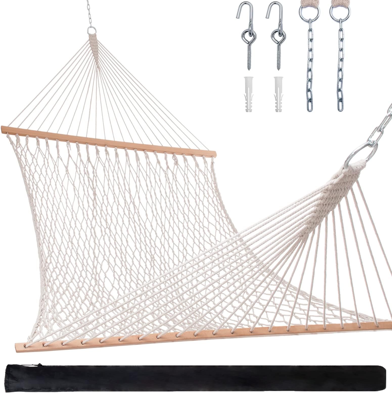 GLOSSDAY Rope Hammock, Double Hammock for Indoor Outdoor, Cotton Rope Hammocks for Outside 2 Person, with Chains, Tree Hooks and Carrying Bag, 450 Lbs Capacity(Natural)