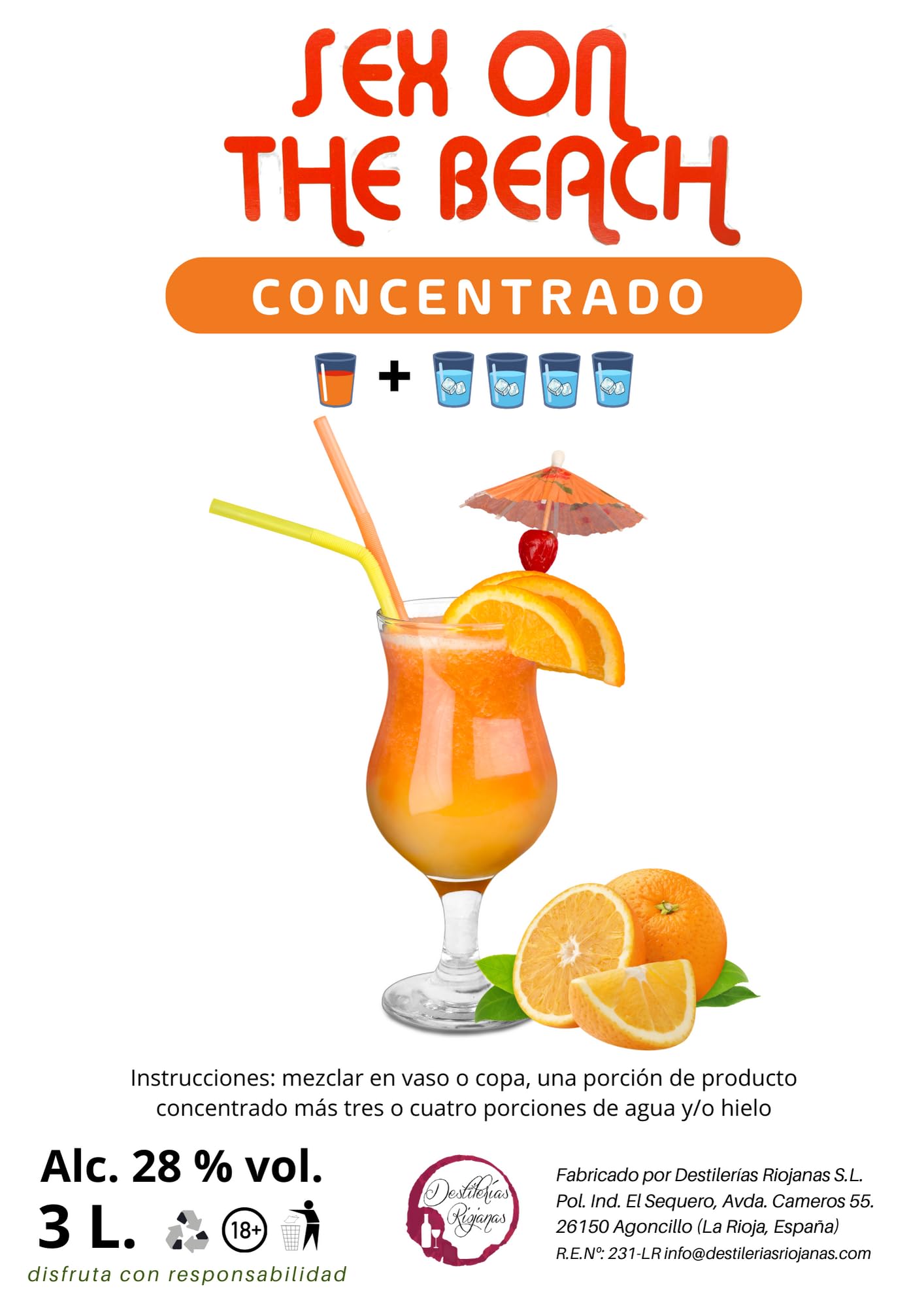 Concentrado Cóctel Sex On The Beach Bag en Box 3,3 Kg (3L) 28% Vol. Rinde 15L o más de 50 vasos diluído en Agua y Hielo. Un Cocktail Más Rentable y Rápido en Menos Espacio. Por Destilerías Riojanas