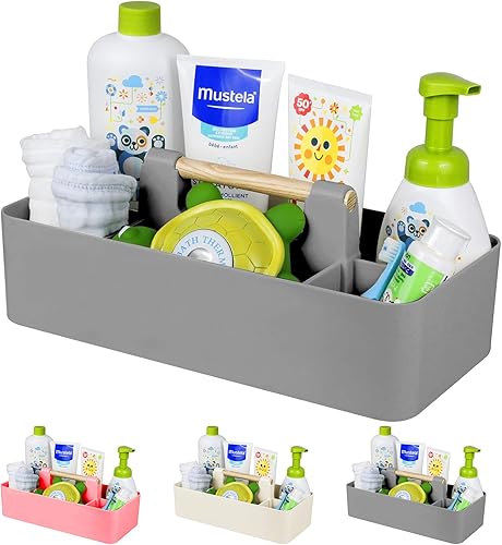 Organizador de plástico para baby shower, organizador de almacenamiento portátil para niñosniños, cesta dividida con mango de madera para baño,