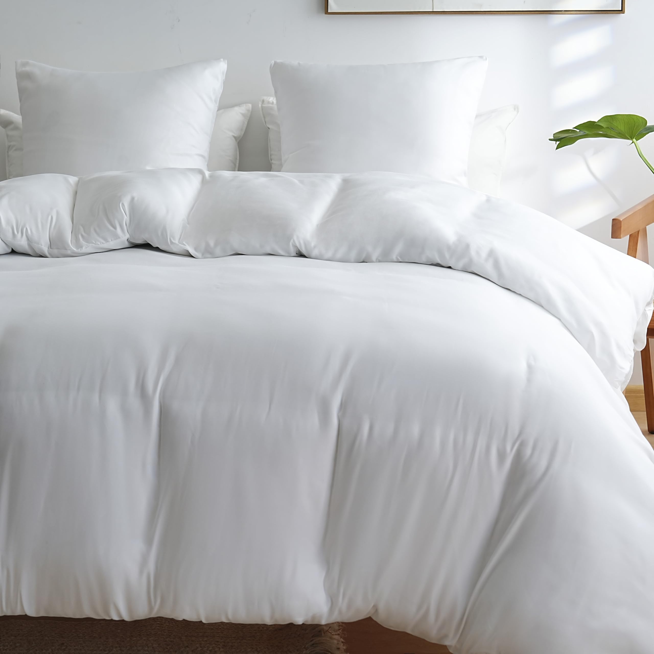 Housse de Couette 220x240cm avec Drap Housse Parure Lit Blanc 4 Pièces