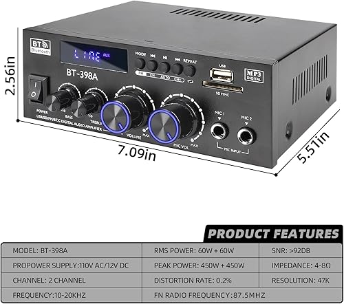Miniatura 7 de BT-398A Amplificador de audio estéreo, receptor para altavoces Max 900W, receptor estéreo de 2.0 canales con radio FM, entradas ópticas y coaxiales