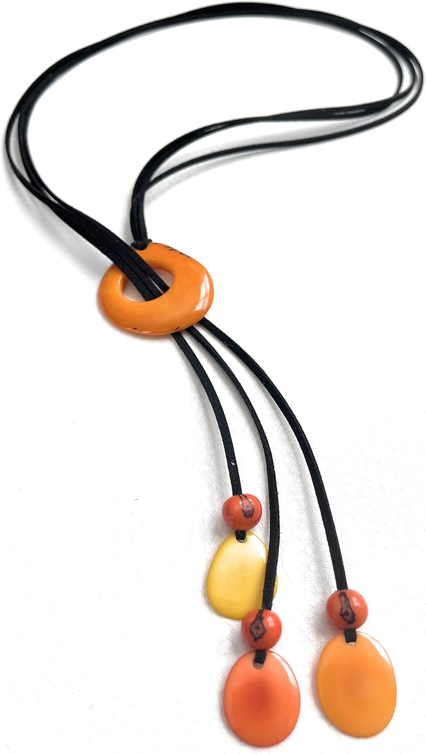 Tagua Necklace in Orange, Organic Tagua Nut Jewelry TAG706, Tagua Lariat Necklace 30 inches, Adjustable