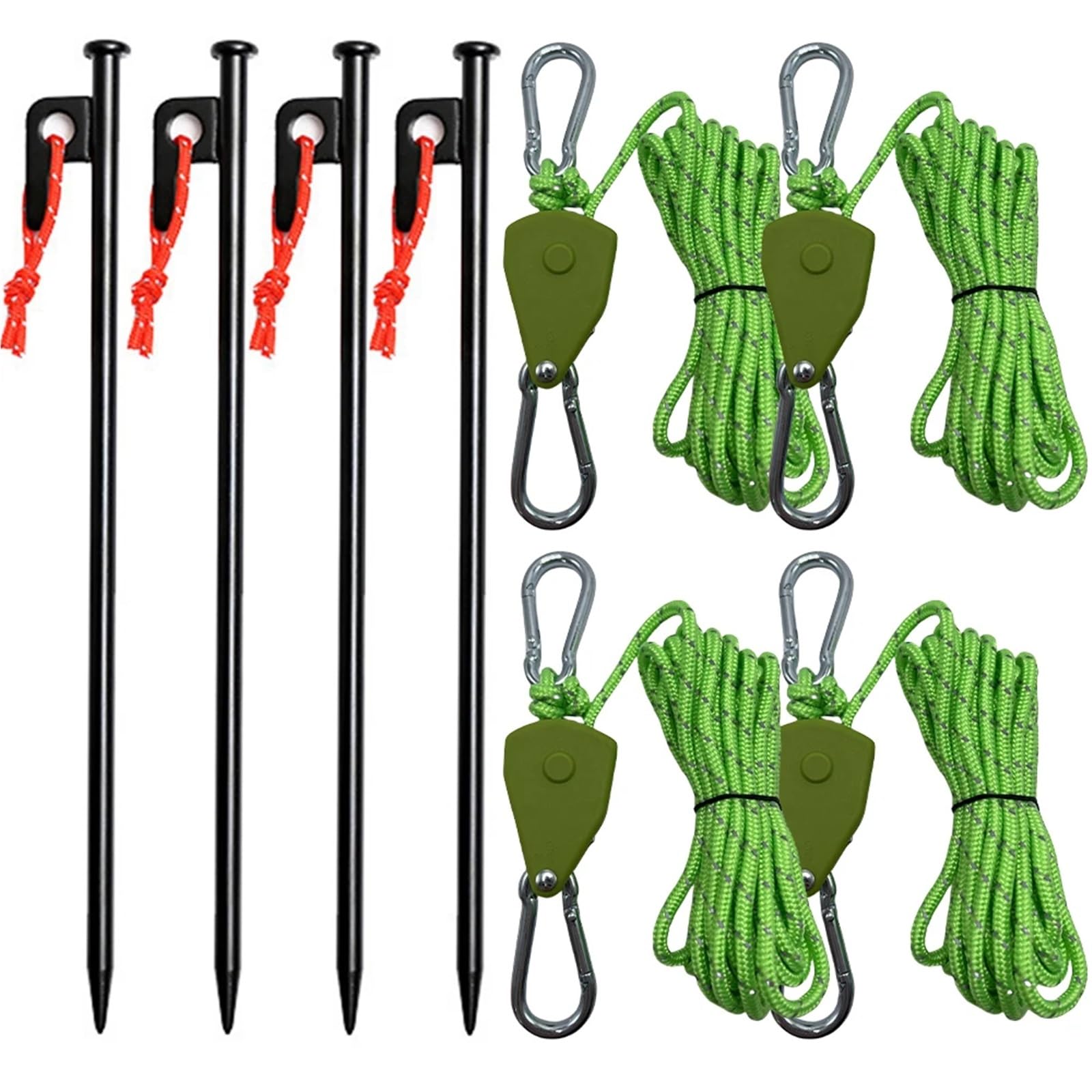 4Pcs Camping Seil Zelt Einstellbare RopeTent Heringe Boden Nägel Set Tasche Mit Lagerung Pulley Spanner Ratsche für Camping und Outdoor(Green)