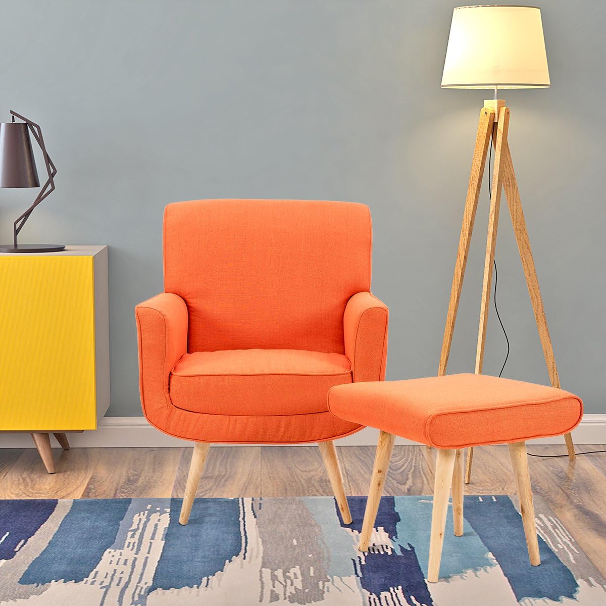 Feifeiyo 1x Nordic Retro Fabric Occasional Accent Chair with Footstool Comfy Reading Lounge Chair for Bedroom Living Room (Orange)