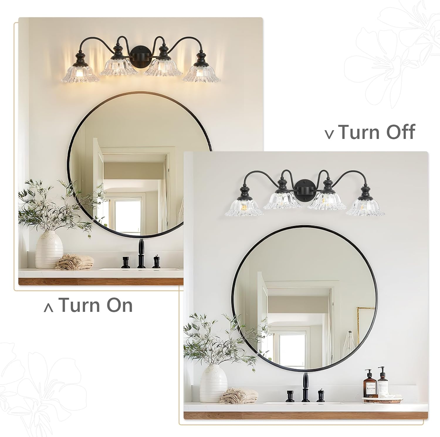 Vintage Bathroom Vanity Light Fixture,4 Lights Black Bathroom Light with Floral Transparent Glass Shades,Antique Wall Sconces for Living Room,Bedroom,Dining Room,Dressing Table,Over Mirror