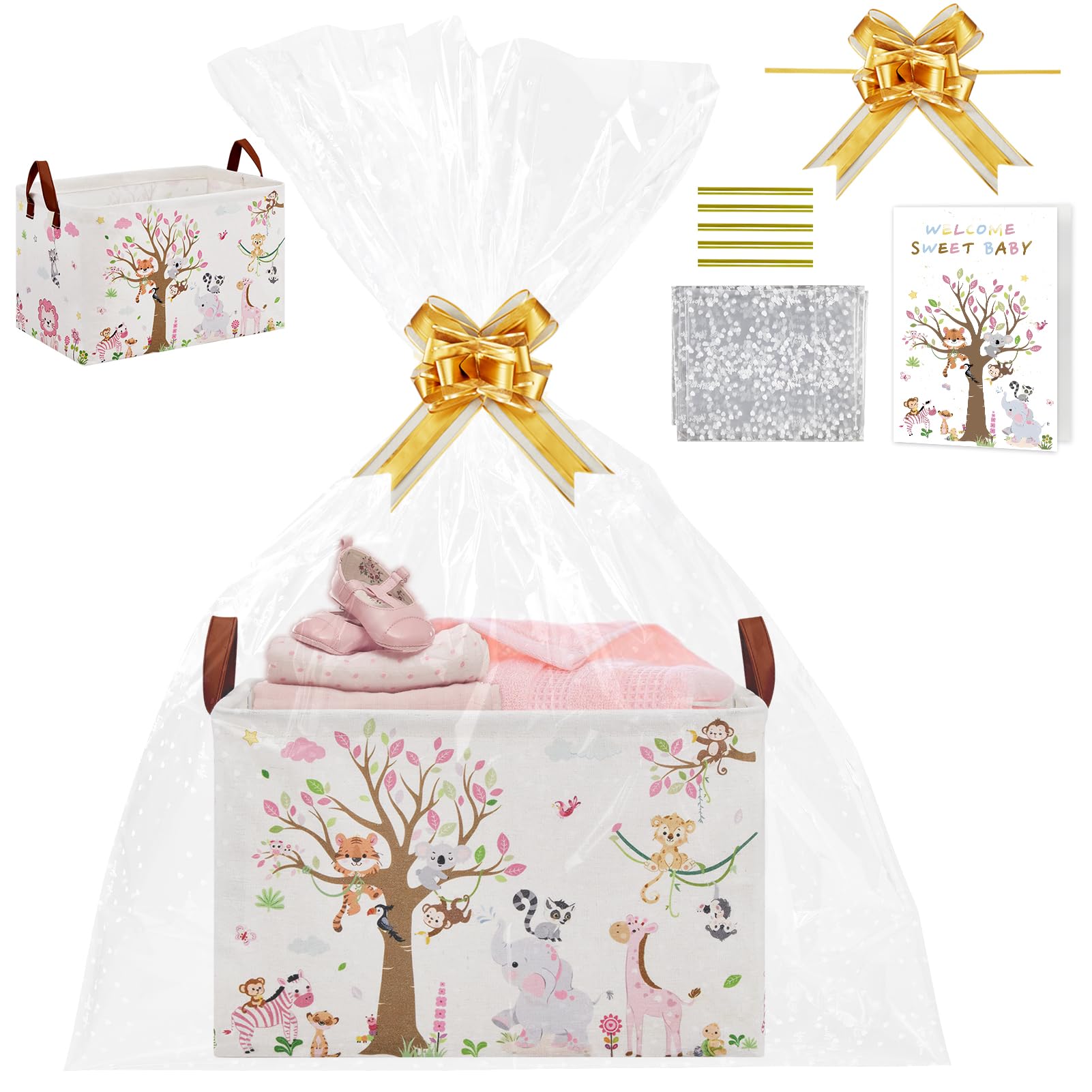 Baby Gift Basket with Gift Bags, Greeting Card and Ribbons Girl Storage Diaper Bag Baskets for Gifts Empty Toy Bin with Handles for Baby Shower Birthday Party (Jungle Pink Elephant)