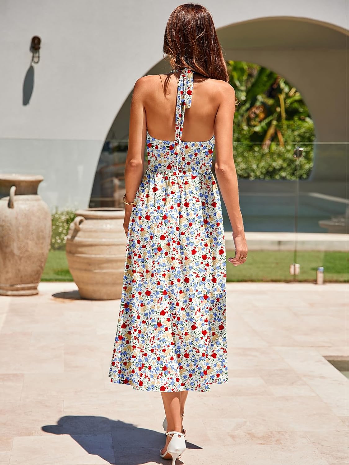 YATHON Women's Halter Floral Midi Dress Ruched Backless Flowy A Line Summer Beach Wedding Guest Dresses with Pockets - Image 5