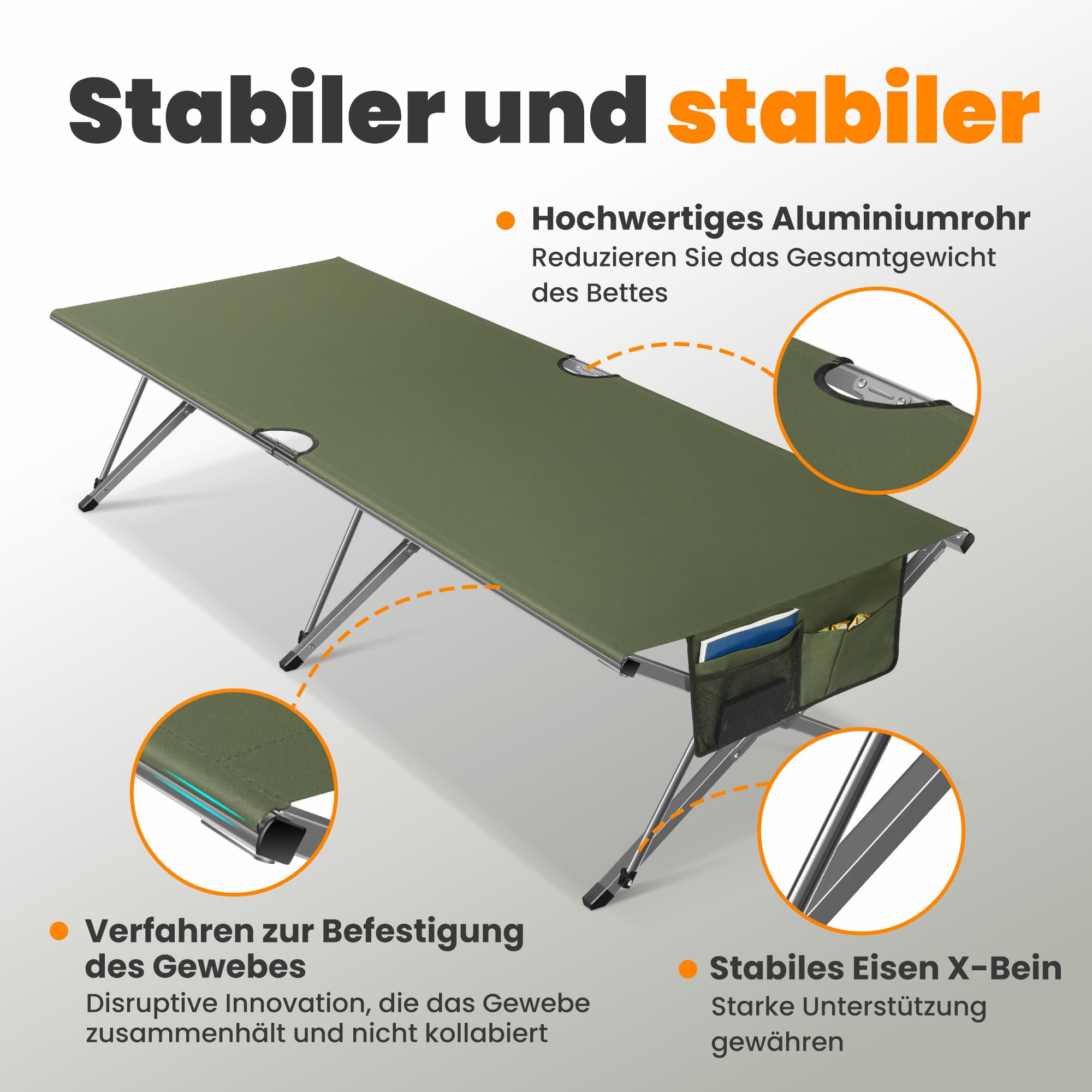 Join Nature Feldbett Klappbar 210 x 80 x 60 cm,Breite Campingbett 200kg Belastbar, Stabil Tragbar Feldbett mit Seitentasche, für Camping Garten Reisen Outdoor und Indoor